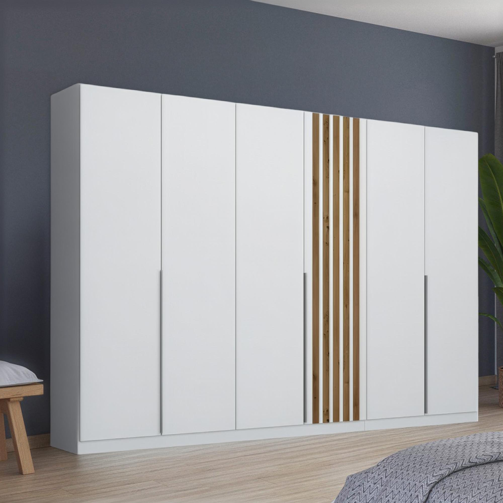 Lamella Wardrobe - 271cm - 6 Door - Alpine White & Artisan Oak