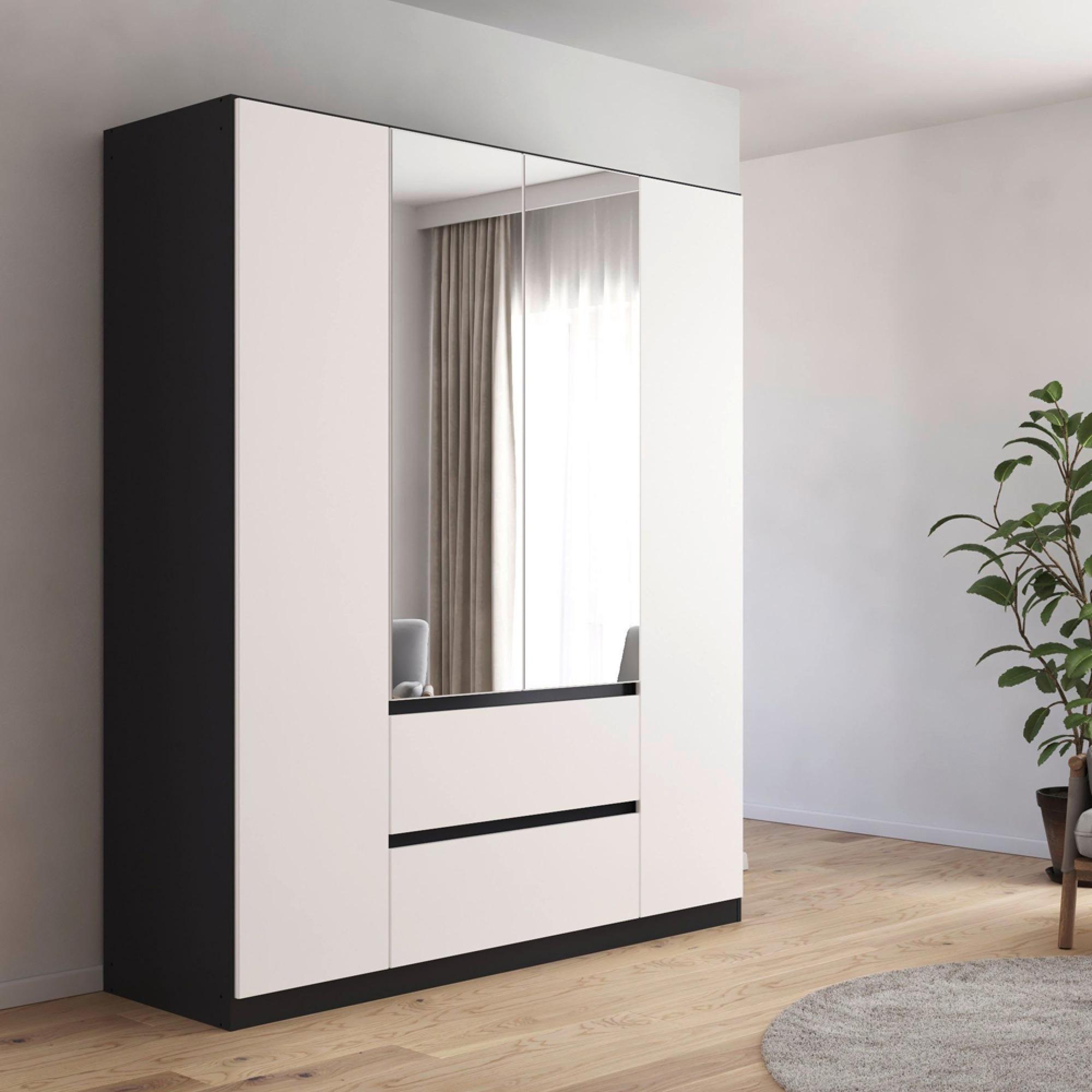 Mainz Plus Wardrobe - 181cm - 4 Door - Combi - Metallic Dark Grey & White High Gloss