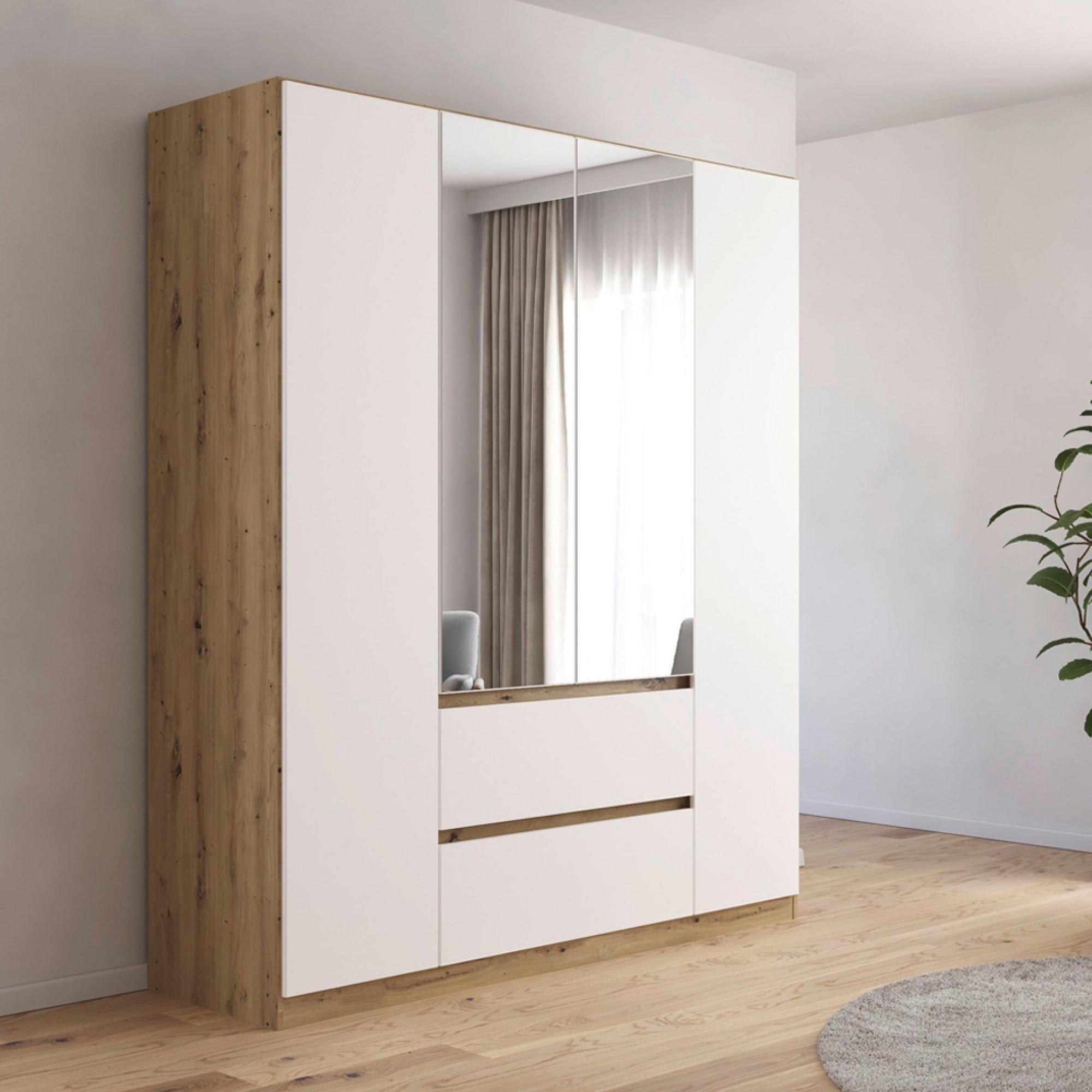 Mainz Plus Wardrobe - 181cm - 4 Door - Combi - Sonoma Oak & White High Gloss