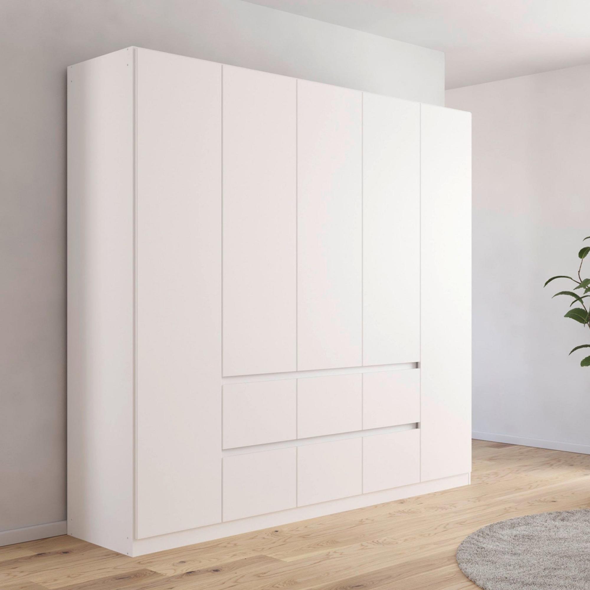 Mainz Plus Wardrobe - 226cm - 5 Door - 6 Drawer - Alpine White & White High Gloss