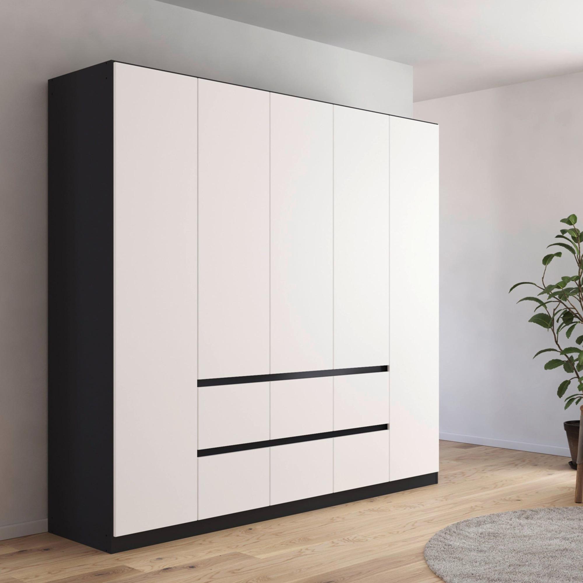 Mainz Plus Wardrobe - 226cm - 5 Door - 6 Drawer - Metallic Dark Grey & White High Gloss