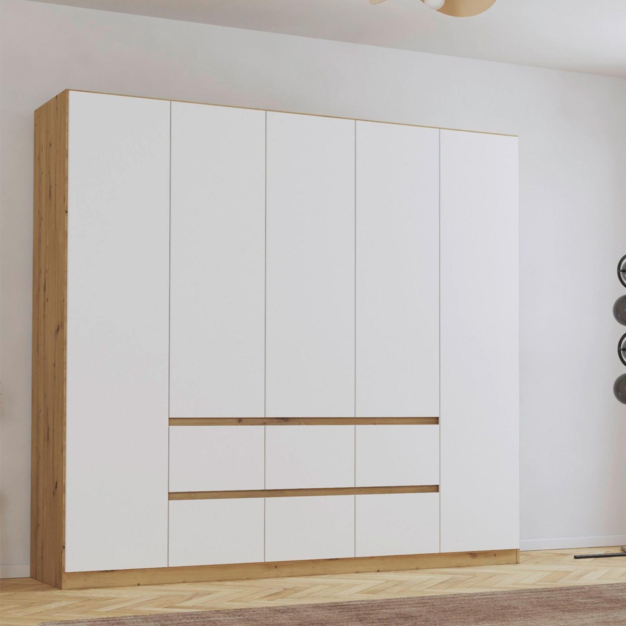 Mainz Plus Wardrobe - 226cm - 5 Door - 6 Drawer - Sonoma Oak & White High Gloss