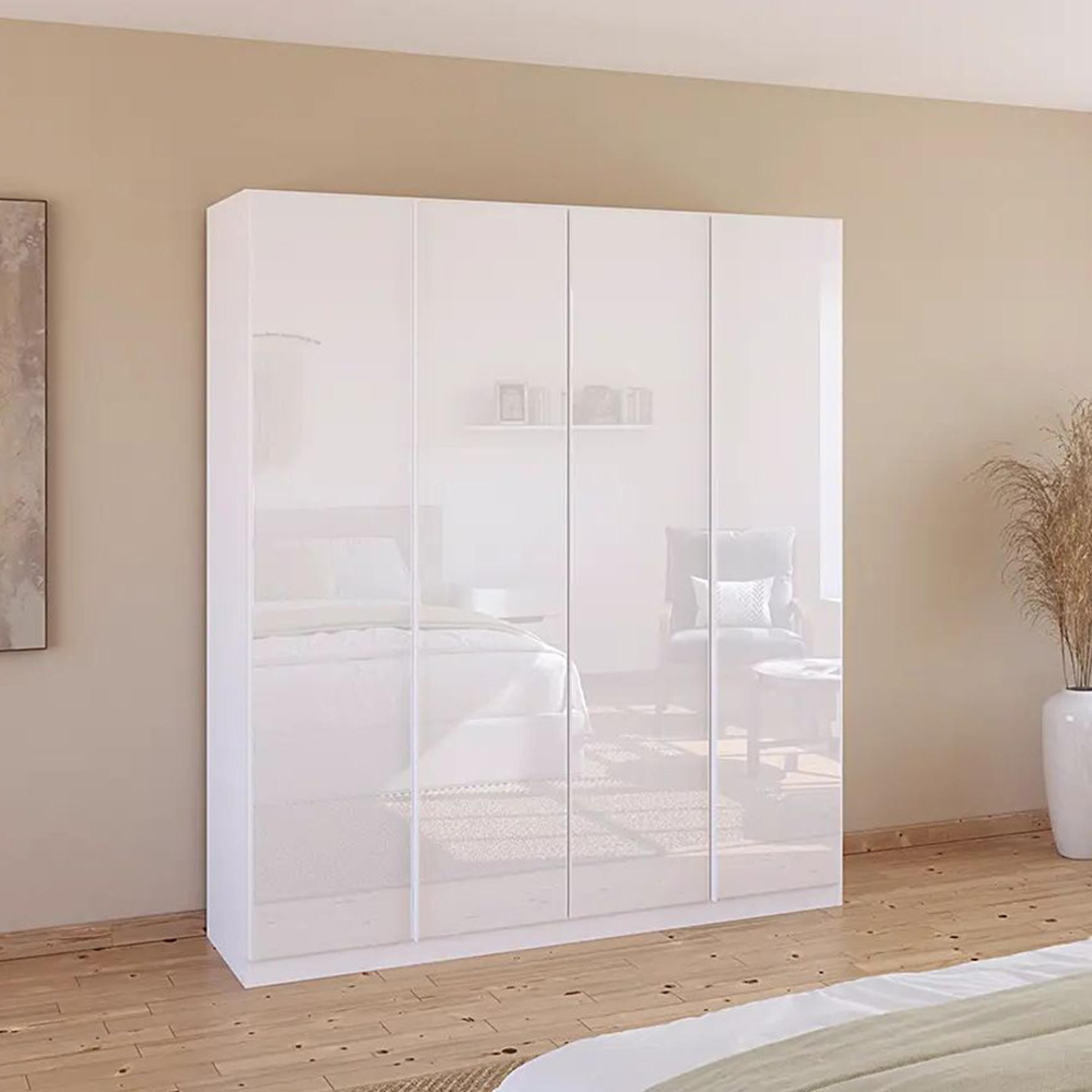 Monostar Wardrobe - 181cm - 4 Door - Alpine White & White Glass