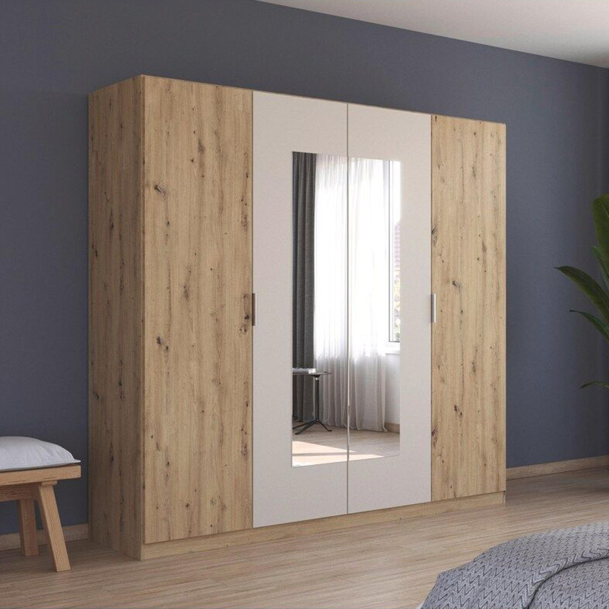 Monza Wardrobe - 226cm - 4 Door - Mirror - Artisan Oak & Champagne