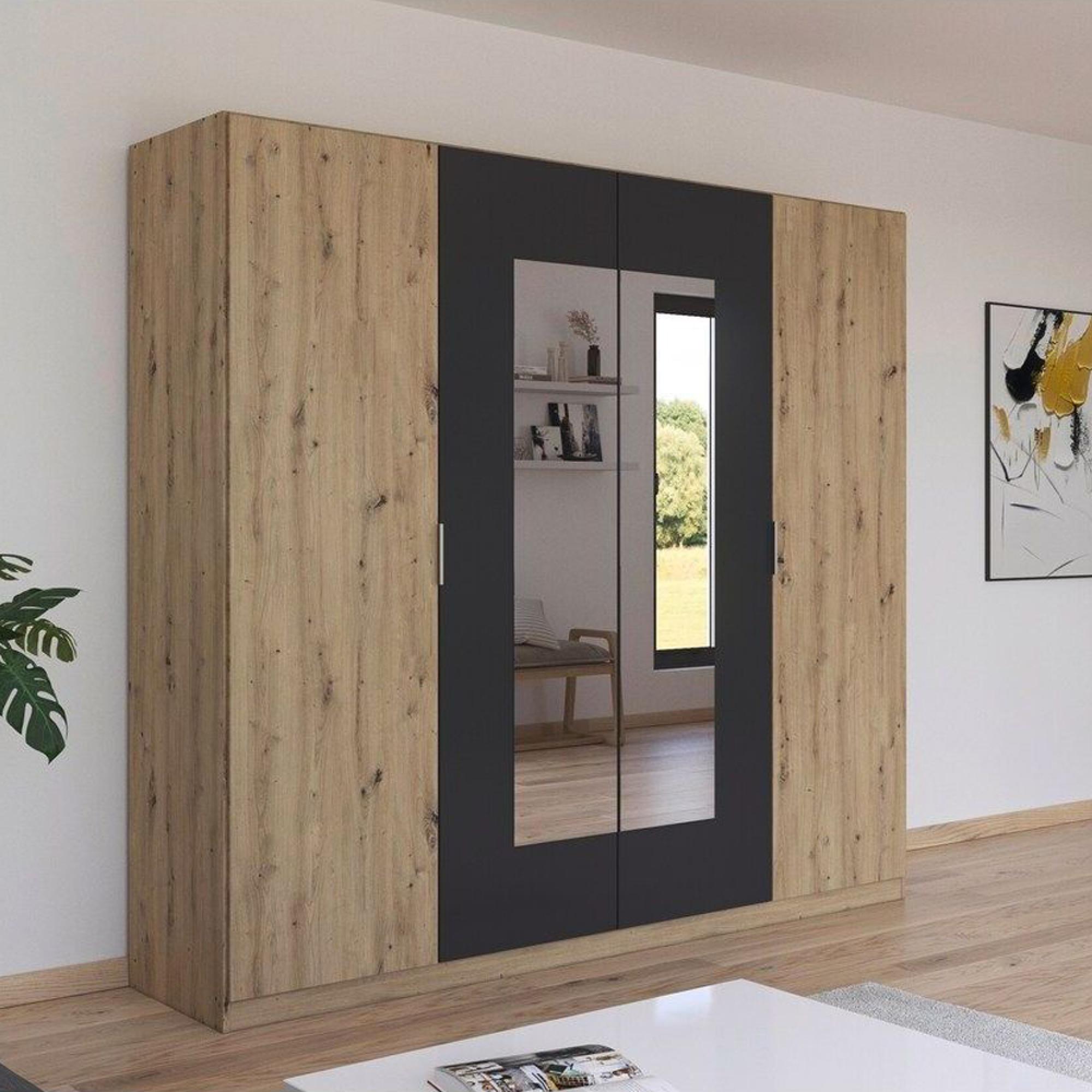 Monza Wardrobe - 226cm - 4 Door - Mirror - Artisan Oak & Metallic Dark Grey