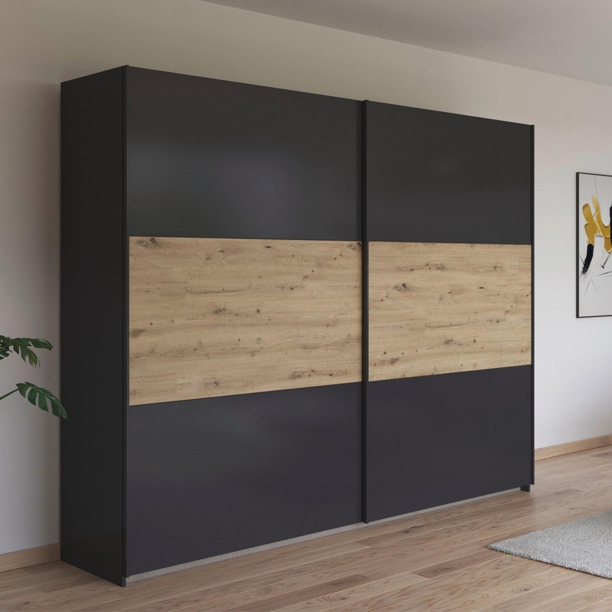 Neo Sliding Wardrobe - 261cm - 2 Door - Metallic Dark Grey & Artisan Oak