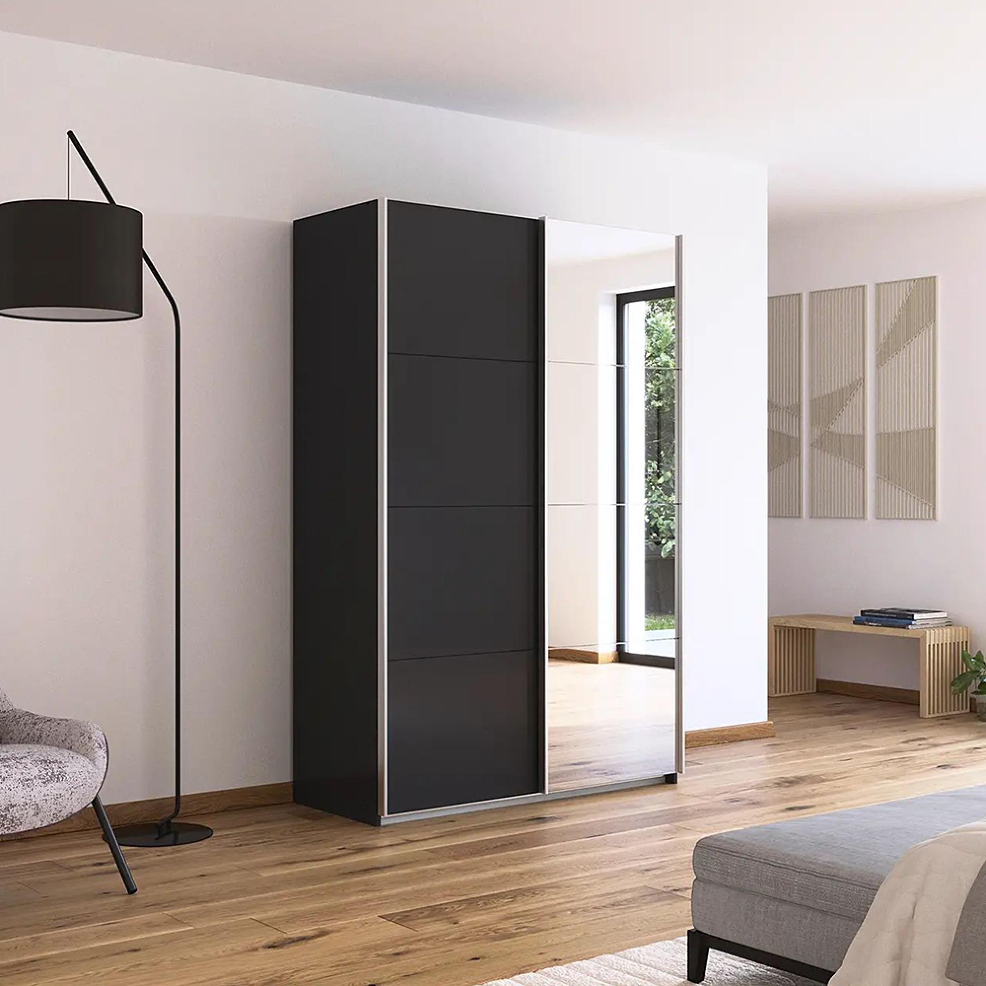Quadra Sliding Wardrobe - 136cm - 2 Door - Mirror - Metallic Dark Grey