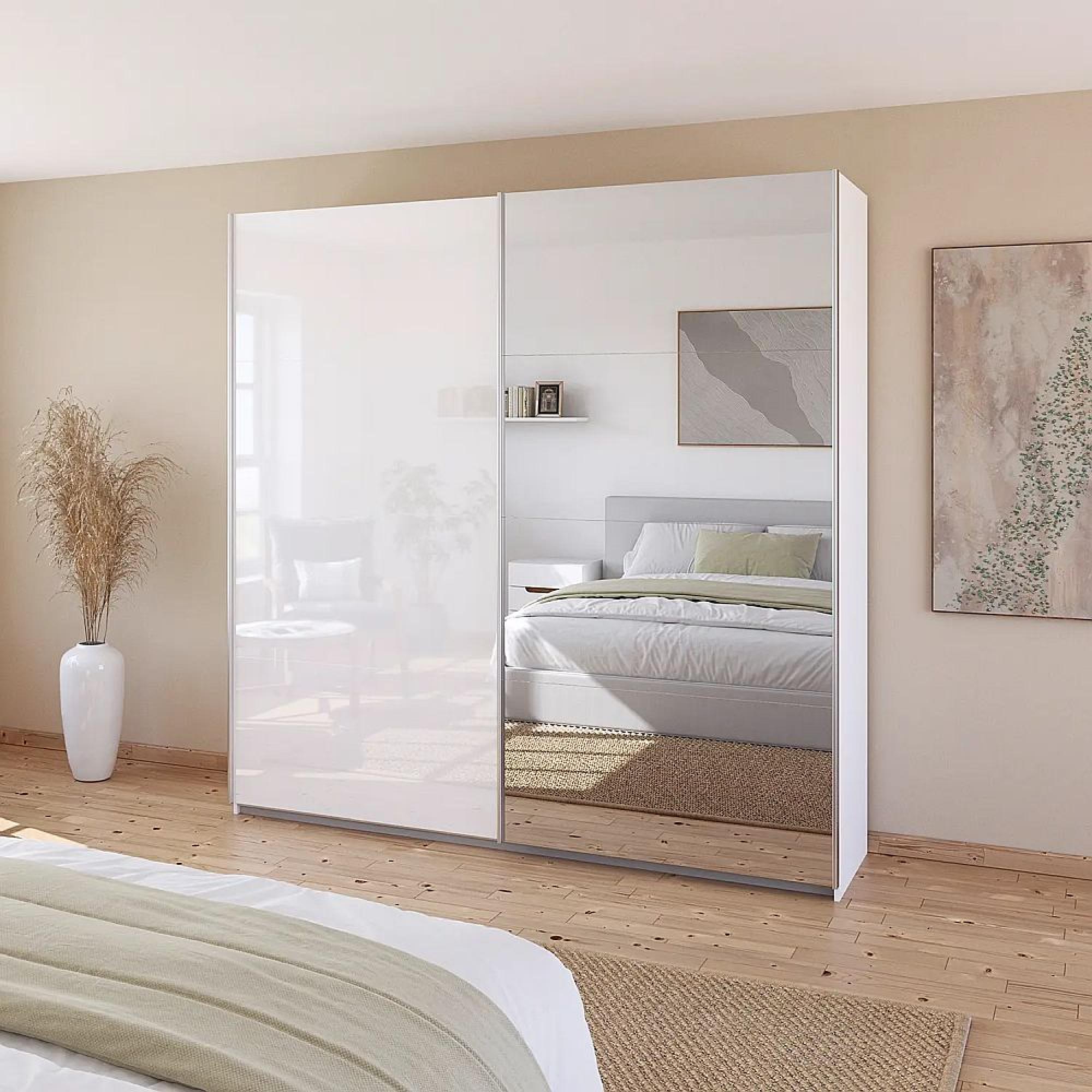 Quadra Sliding Wardrobe - 226cm - 2 Door - Mirror - with Extras - Alpine White & High Gloss White