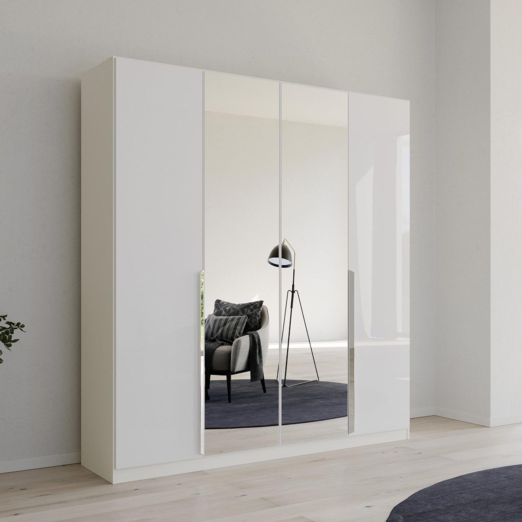 Quadra Spin Wardrobe - 181cm - 4 Door - Mirror - Alpine White & High Gloss White