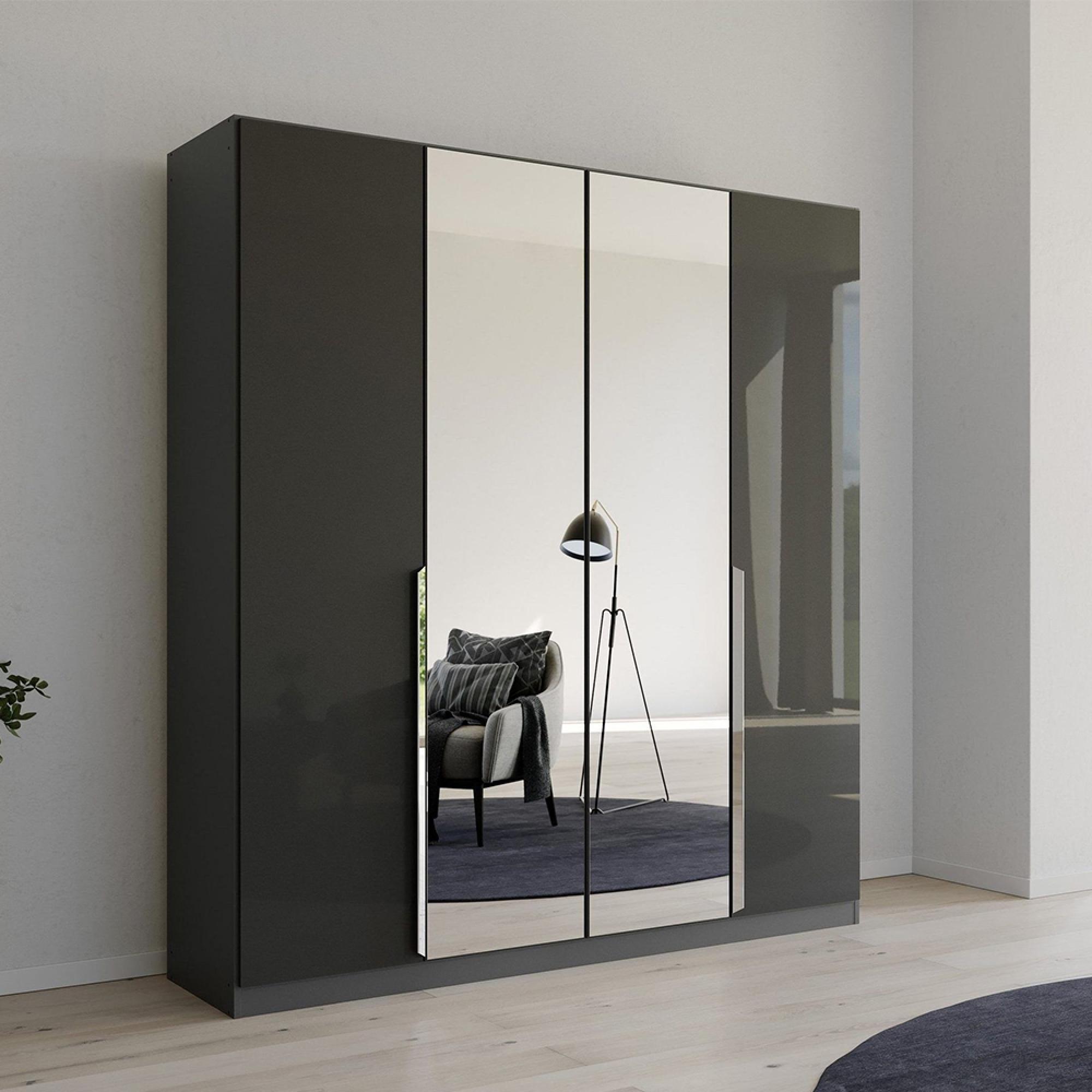 Quadra Spin Wardrobe - 181cm - 4 Door - Mirror - Metallic Dark Grey & Grey Effect
