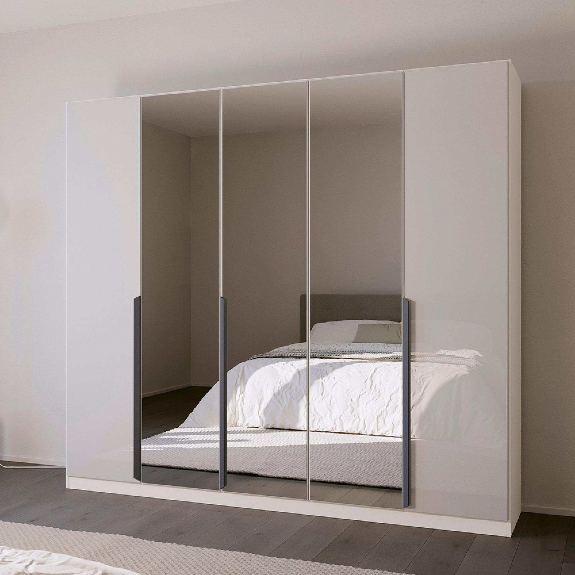 Quadra Spin Wardrobe - 226cm - 5 Door - Mirror - Alpine White & Crystal White Glass