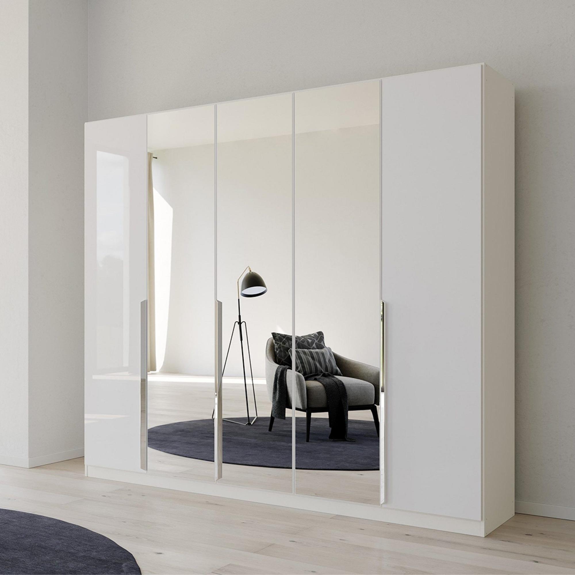 Quadra Spin Wardrobe - 226cm - 5 Door - Mirror - Alpine White & High Gloss White