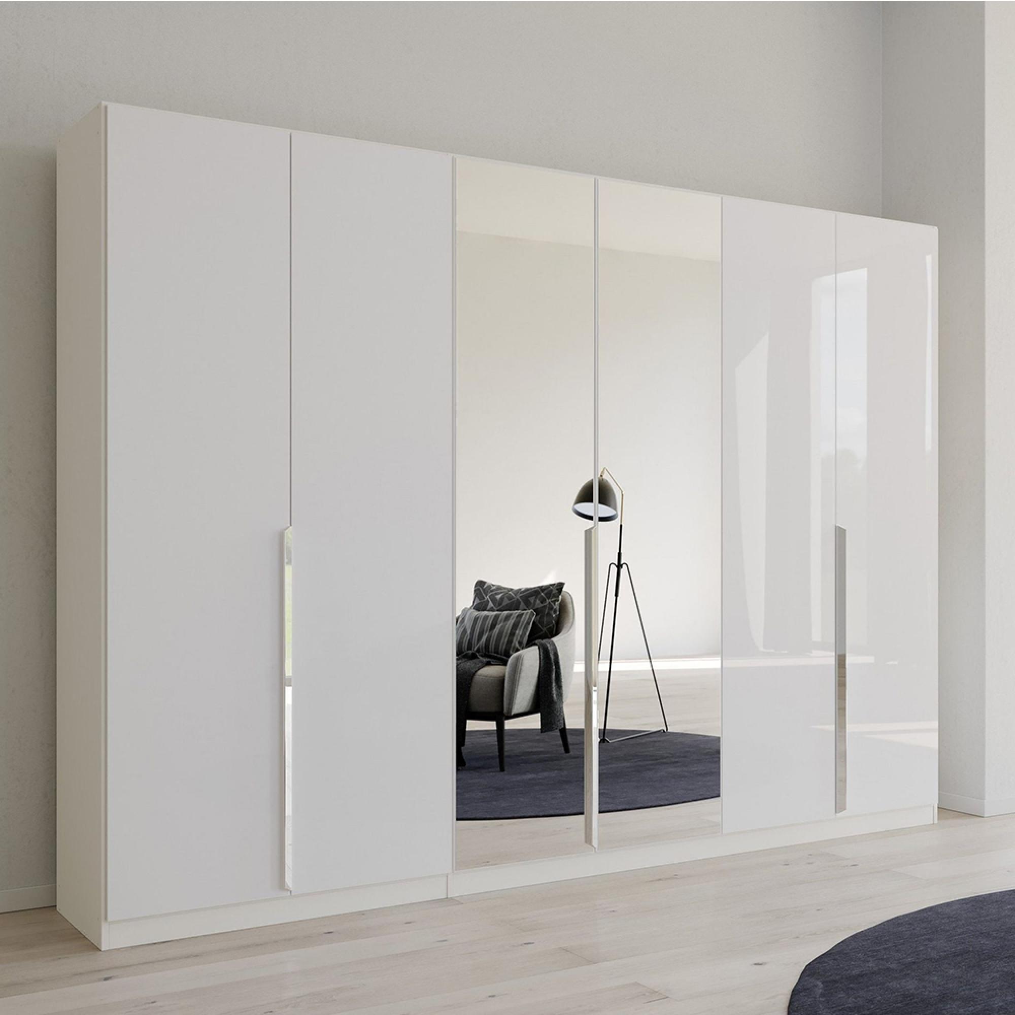 Quadra Spin Wardrobe - 271cm - 6 Door - Mirror - Alpine White & High Gloss White