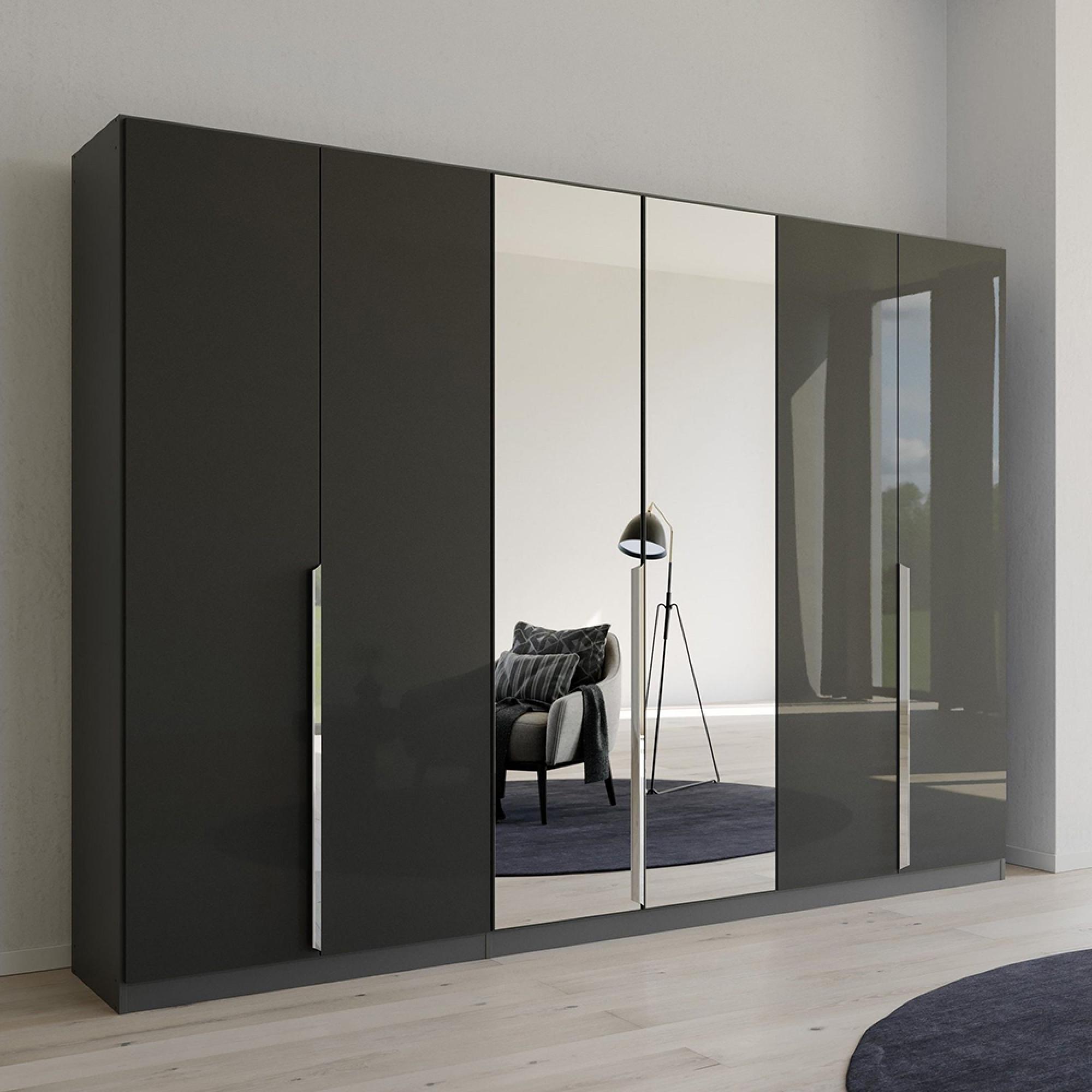 Quadra Spin Wardrobe - 271cm - 6 Door - Mirror - Metallic Dark Grey & Grey Effect