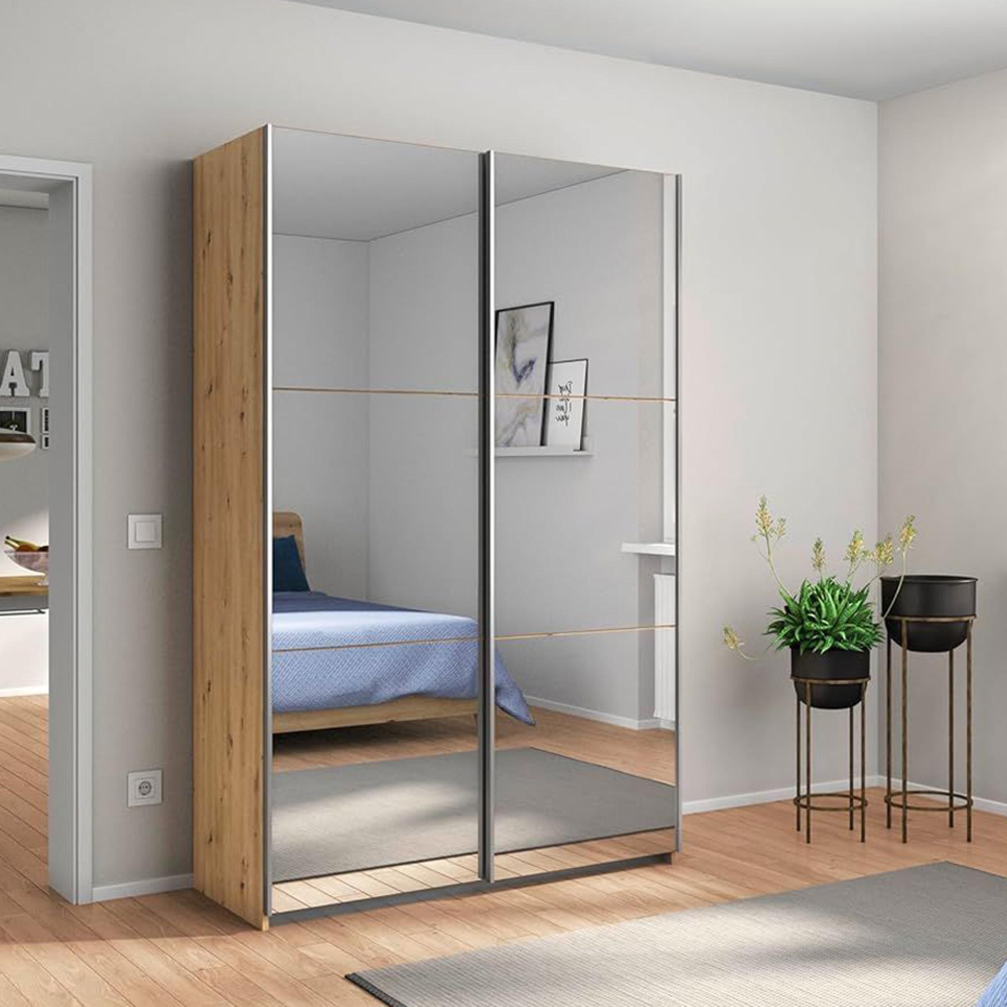 Reflect Sliding Wardrobe - 131cm - 2 Door - Mirrored - Artisan Oak