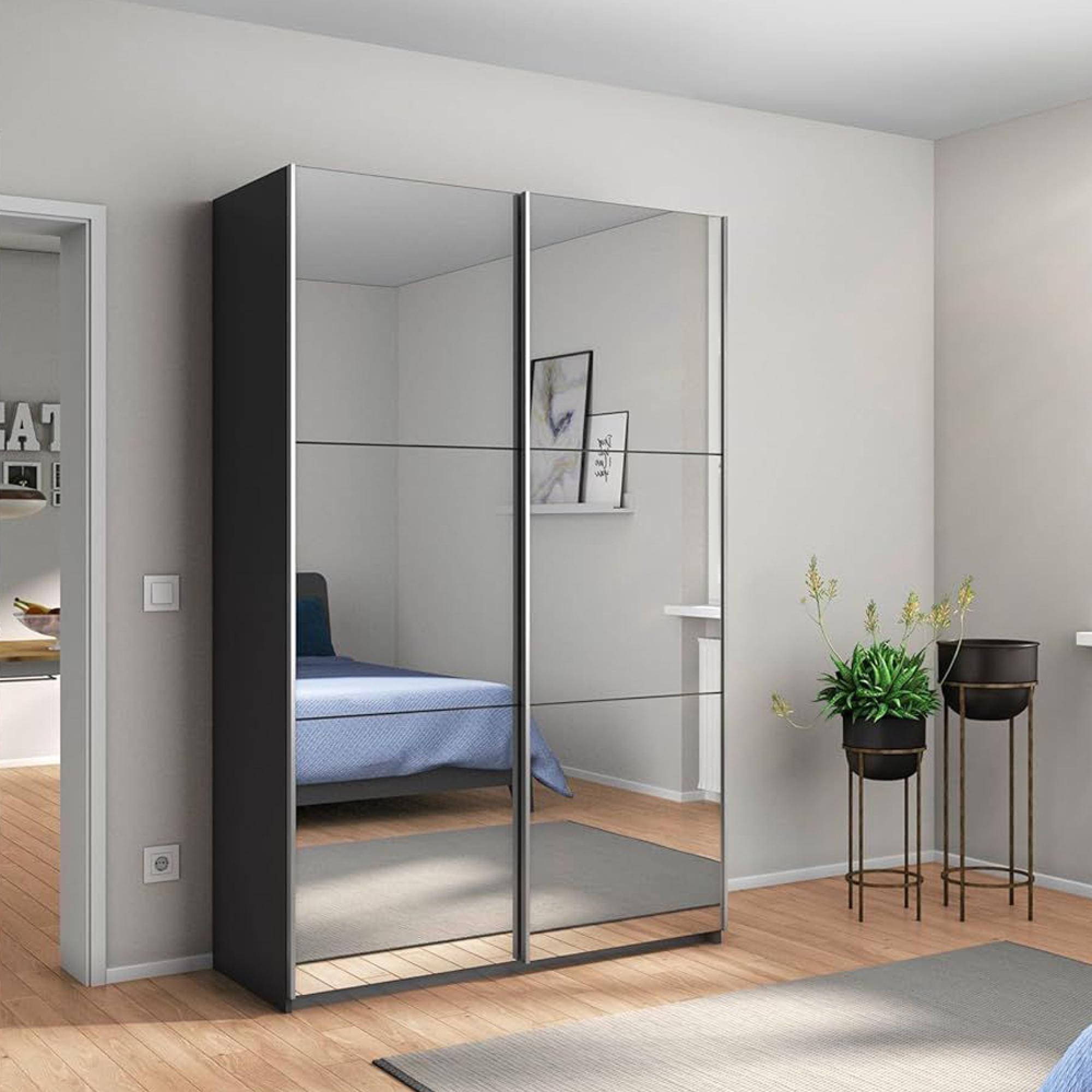 Reflect Sliding Wardrobe - 131cm - 2 Door - Mirrored - Metallic Dark Grey