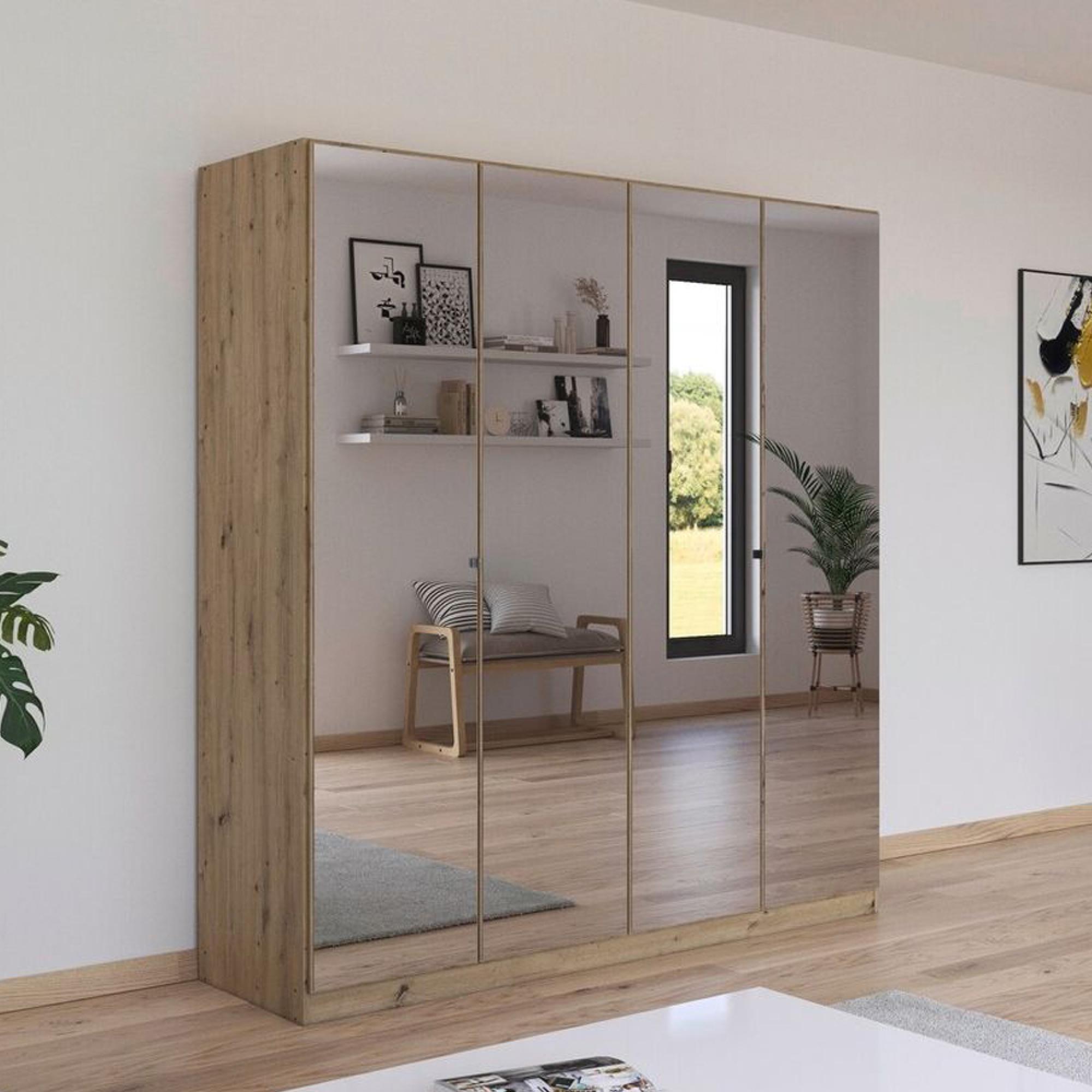 Reflect Wardrobe - 181cm - 4 Door - Mirrored - Artisan Oak