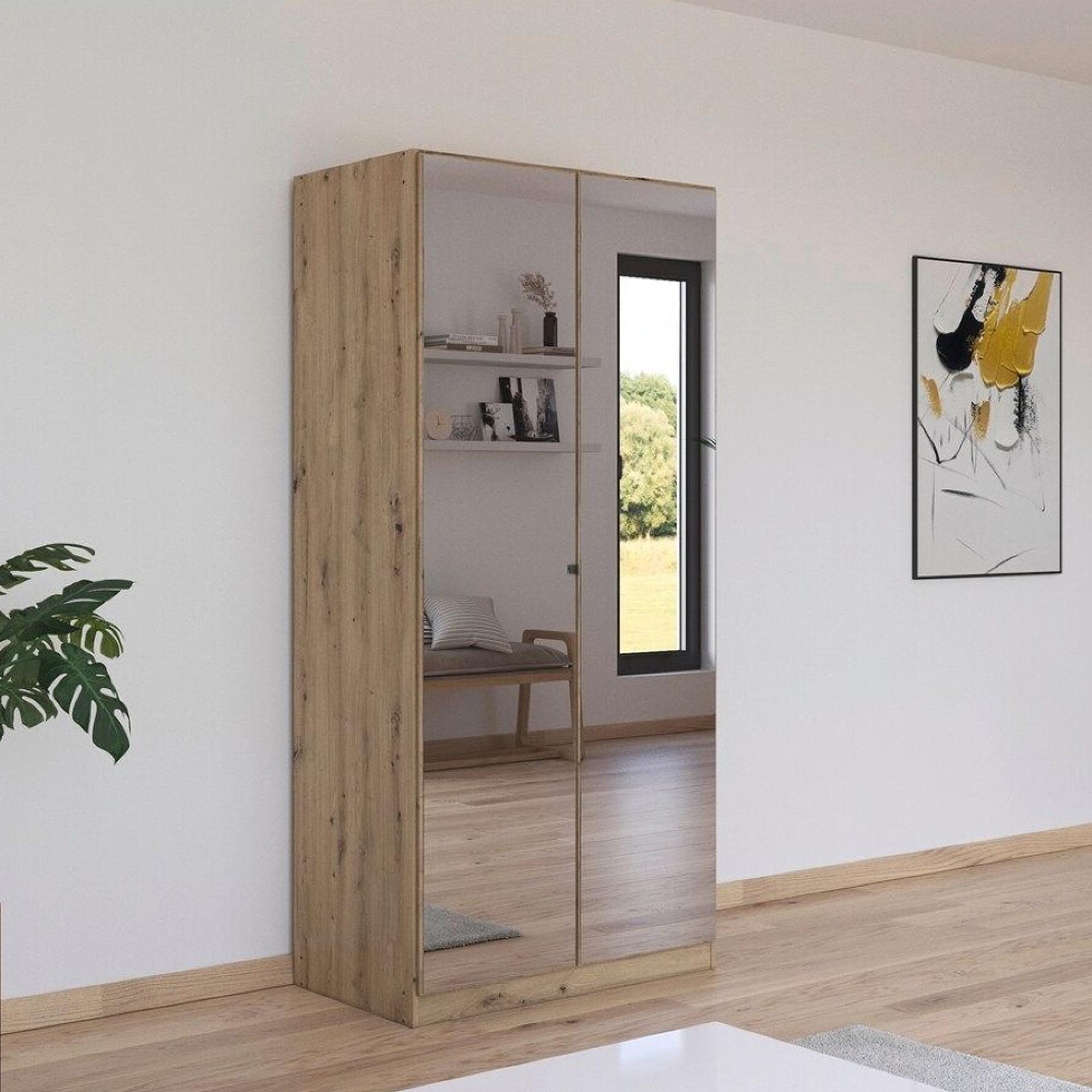 Reflect Wardrobe - 91cm - 2 Door - Mirrored - with Interior Division - Artisan Oak