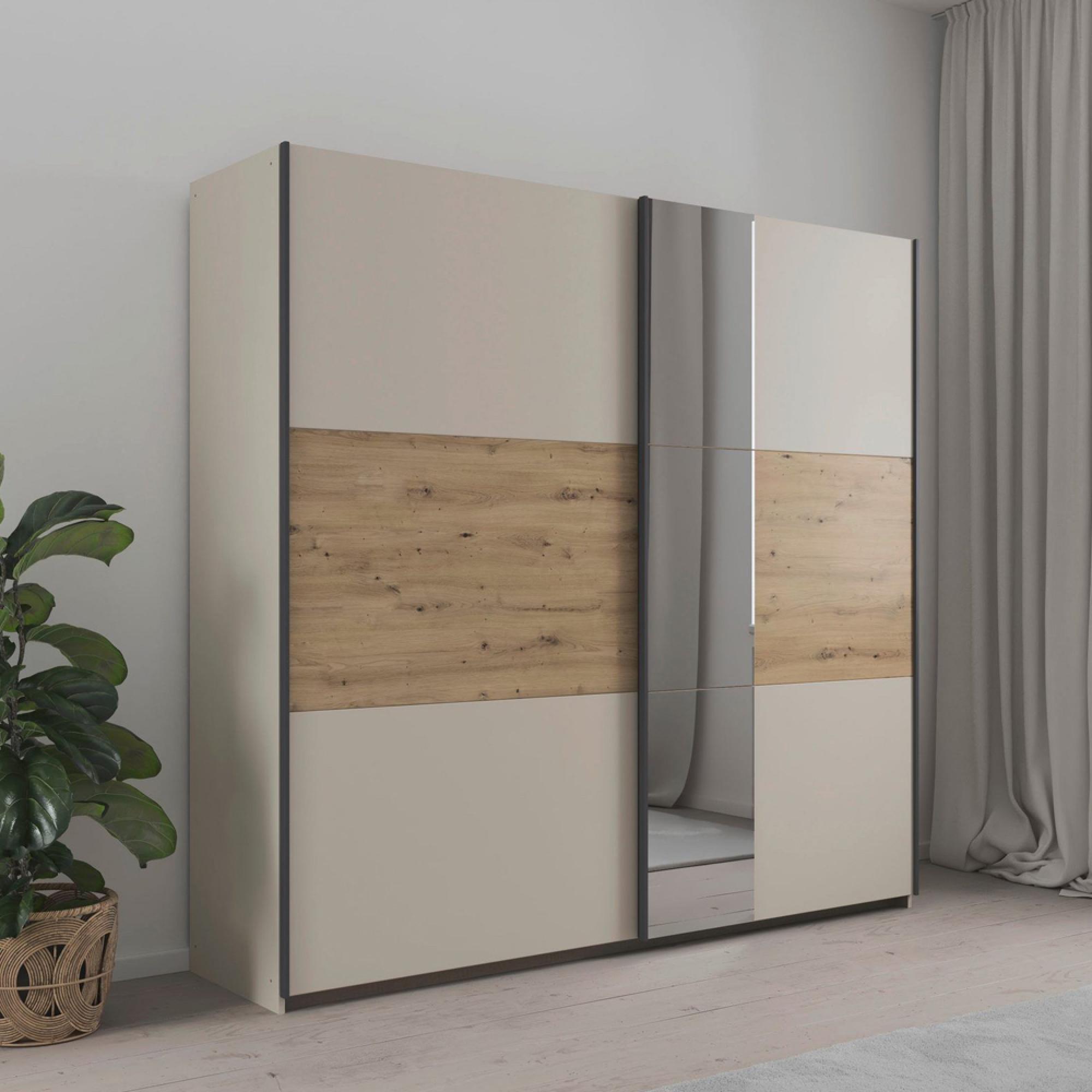 Sajo Sliding Wardrobe - 218cm - 2 Door - Mirror - Champagne & Artisan Oak