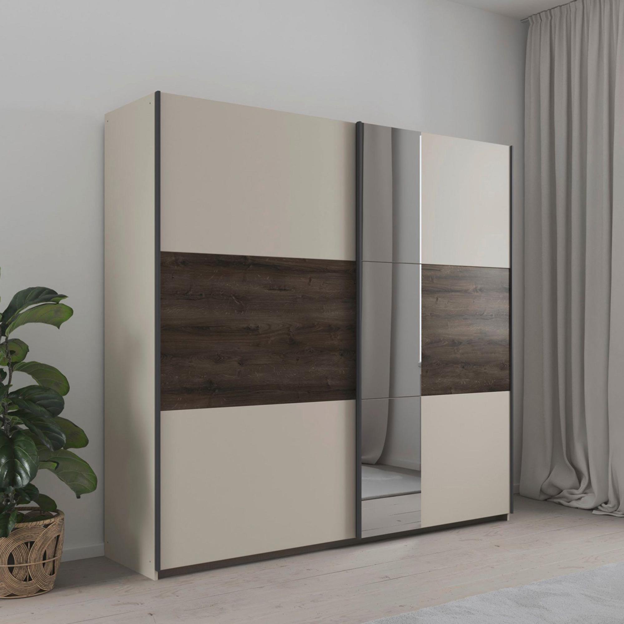 Sajo Sliding Wardrobe - 218cm - 2 Door - Mirror - Champagne & Atlantic Dark Oak