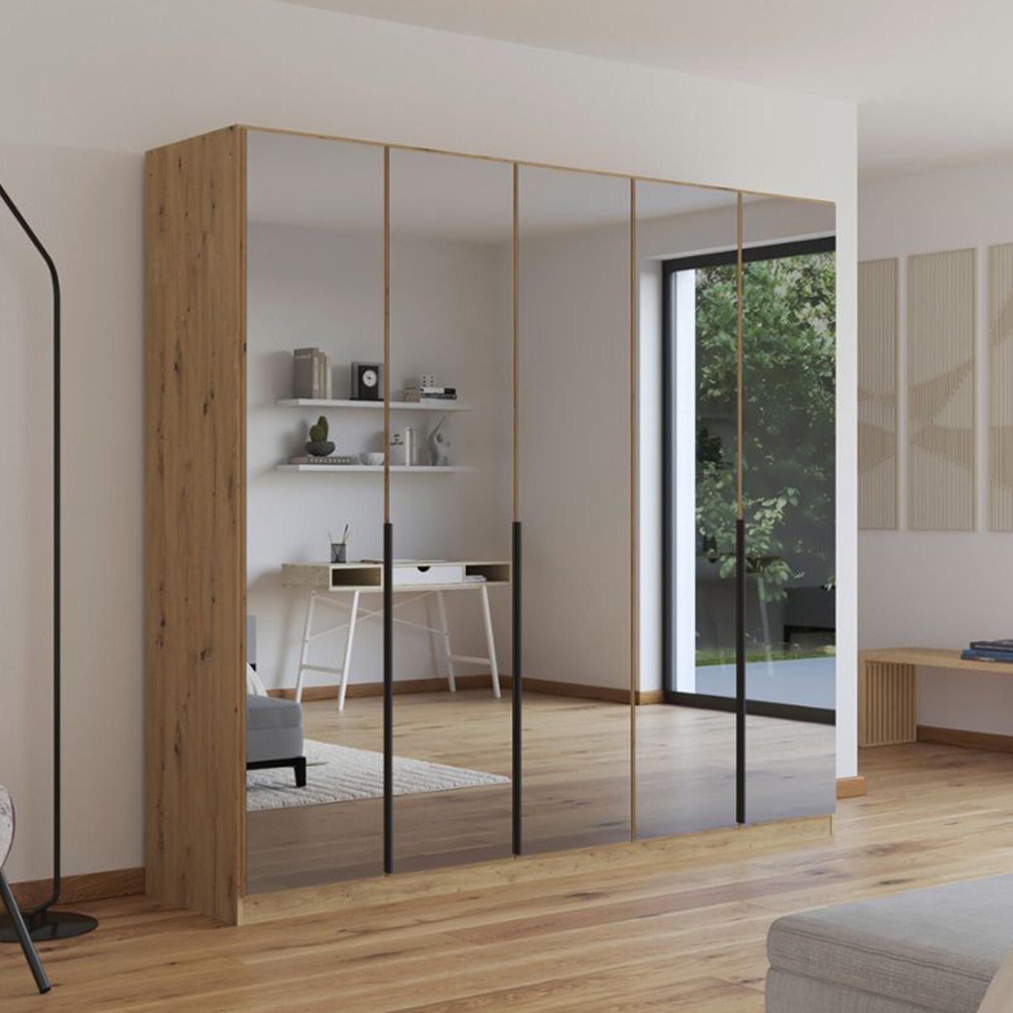 Skyla Wardrobe - 226cm - 5 Door - Mirrored - Artisan Oak