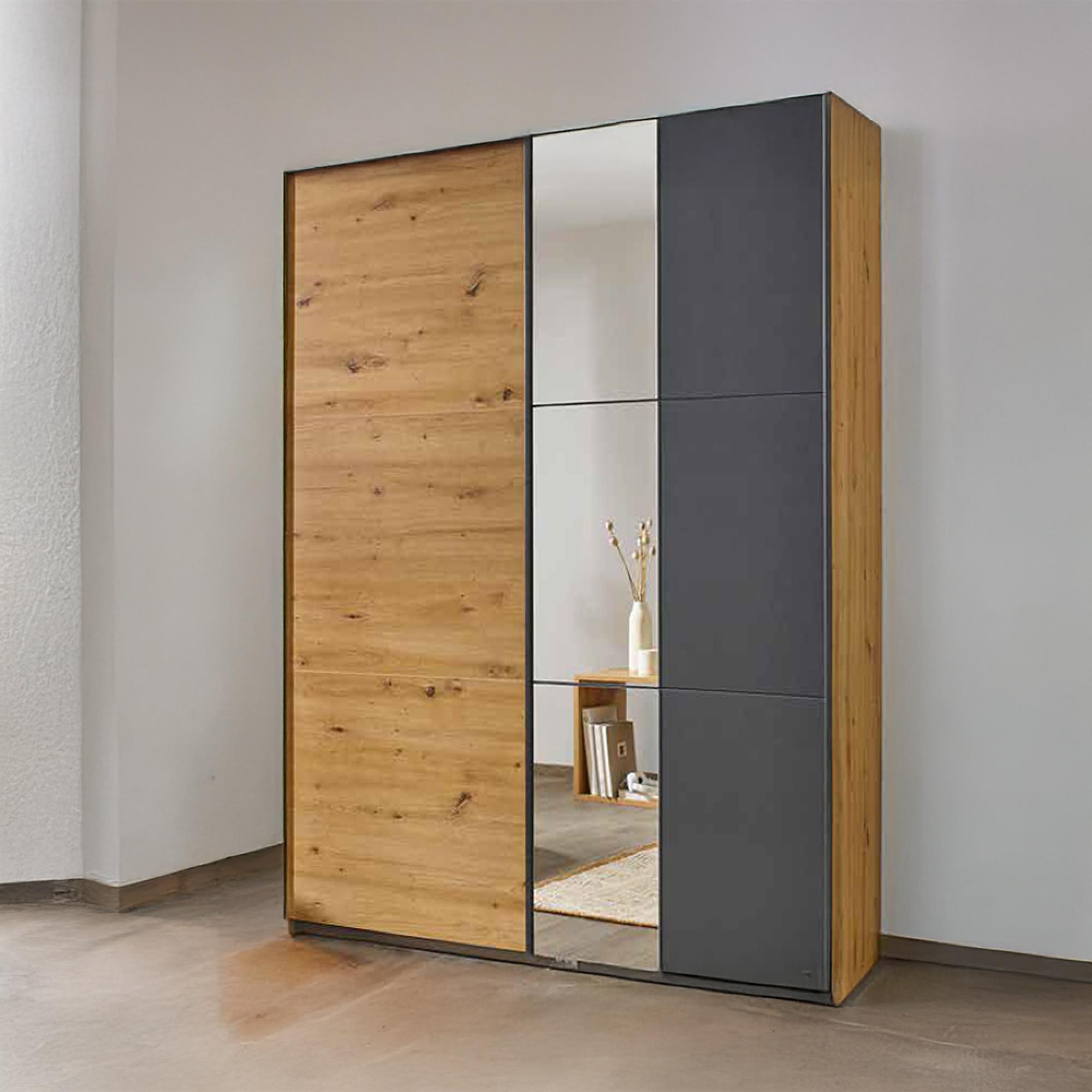 Slide Sliding Wardrobe - 131cm - 2 Door - Mirror - Artisan Oak & Metallic Dark Grey