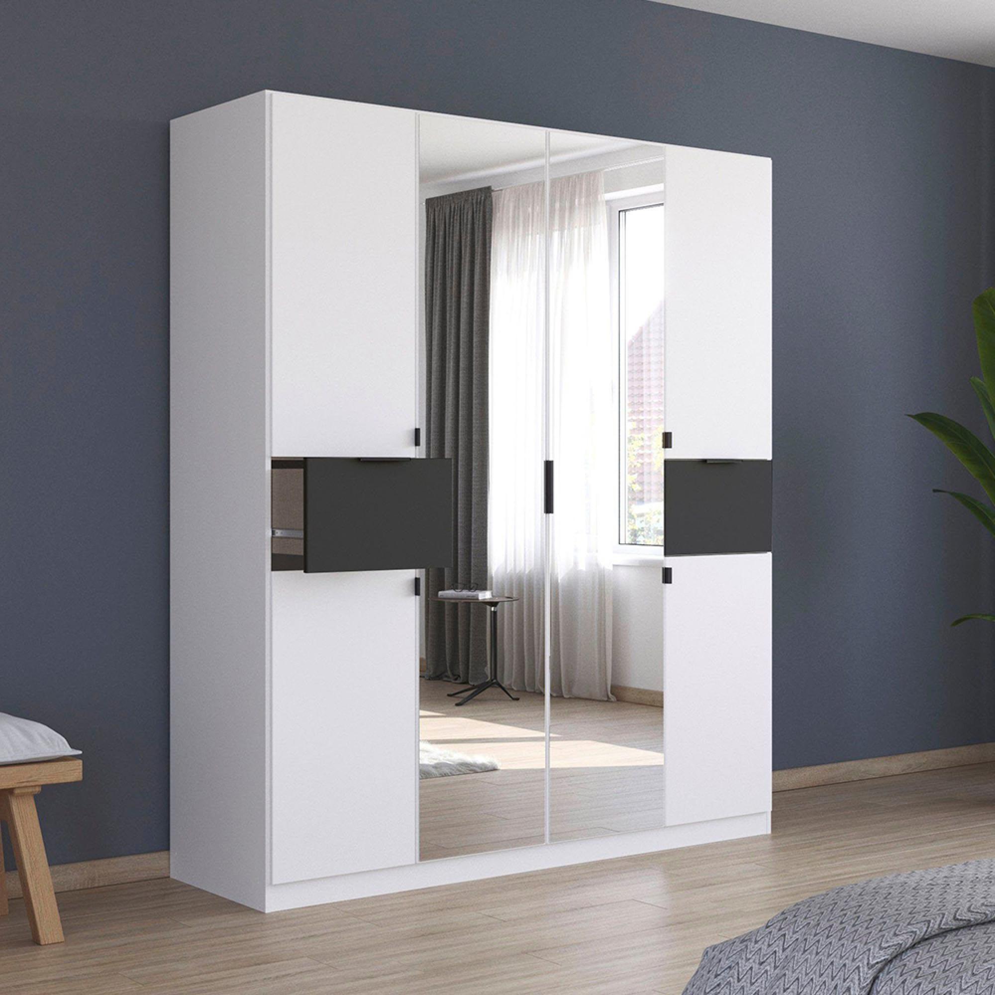 Ticao Wardrobe - 181cm - 6 Door - Combi - Alpine White & Metallic Dark Grey