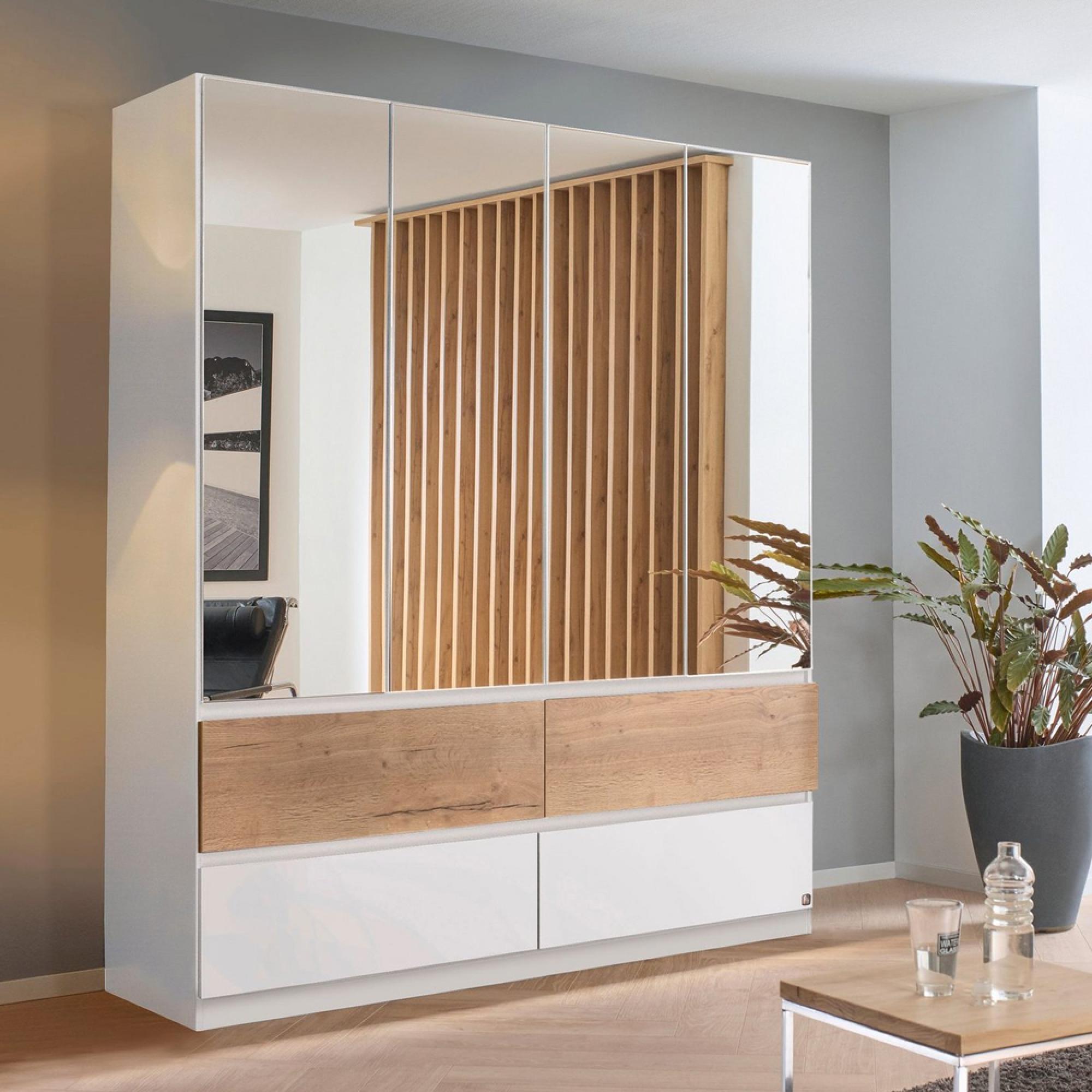 Winnipeg Wardrobe - 181cm - 4 Door - Mirror - Alpine White & Halifax Oak
