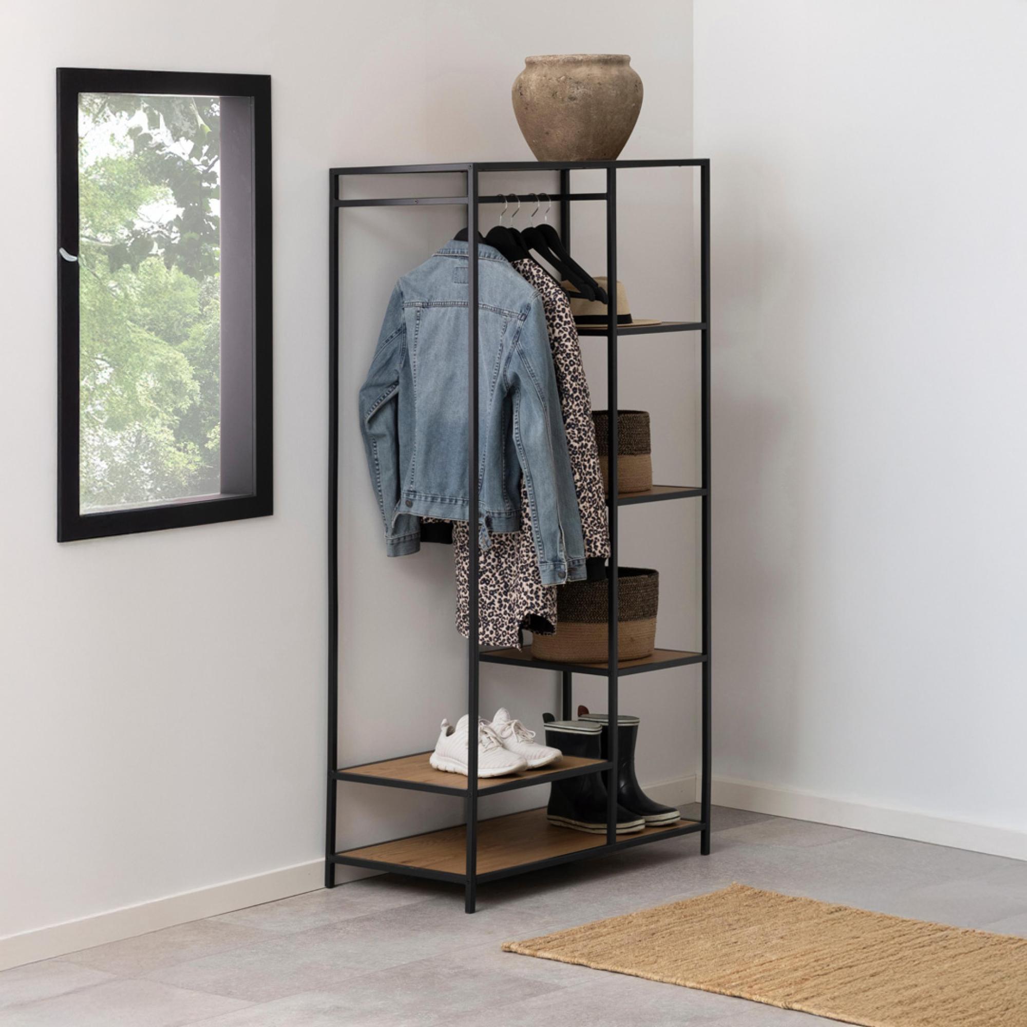 Seaford Open Wardrobe - Oak and Black Metal