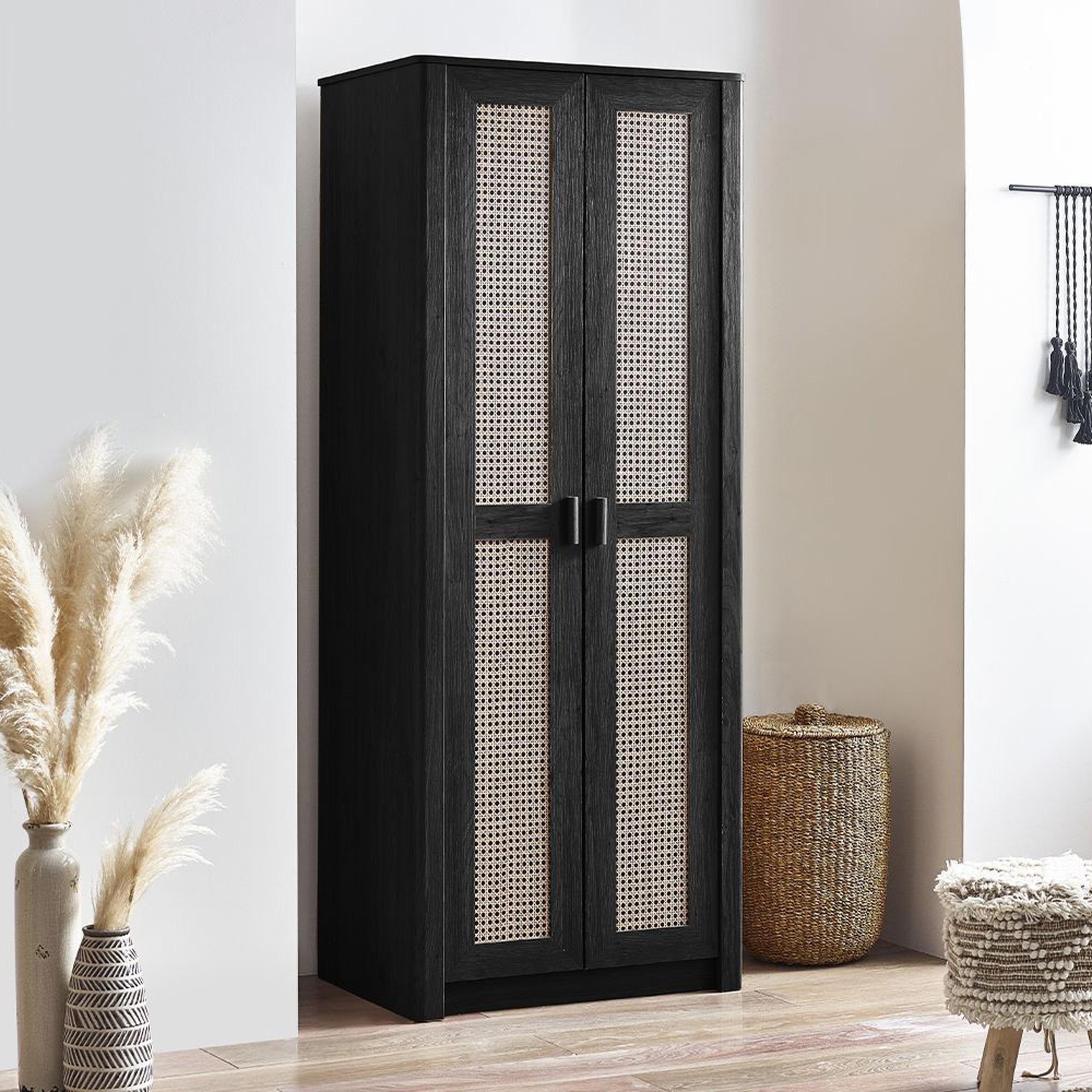 Sydney Wardrobe - 2 Door - Black and Faux Rattan