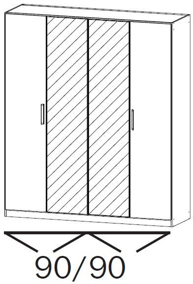 15G4 : 4 Door Wardrobe with 2 Glass Door and 2 Mirror Door and Vertical and Horizontal Trim with Chrome Color Short Handle