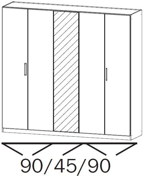 15G5 : 5 Door Wardrobe with 4 Glass Door and 1 Mirror Door and Vertical and Horizontal Trim with Carcase Color Short Handle