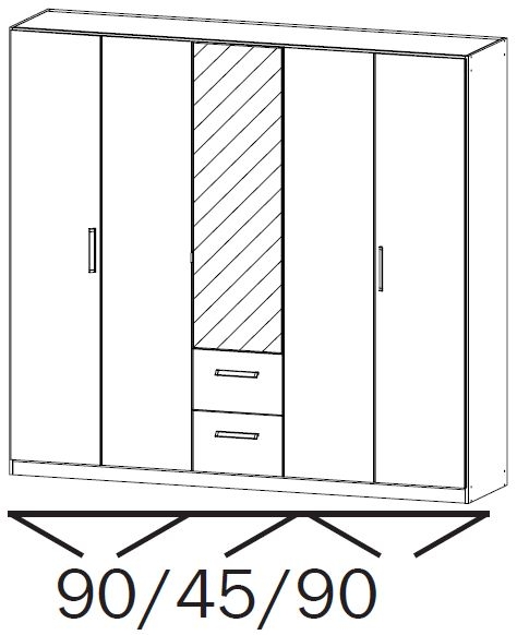 15K7 : 5 Door 2 Drawer Combi Wardrobe with 1 Mirror Door and Carcase Color Short Handle