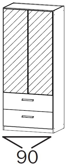 15L4 : 2 Mirror Door 2 High Polish Drawer Combi Wardrobe with Carcase Color Short Handle