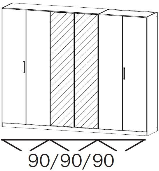18S5 : 6 Door Wardrobe with 2 Mirror Door and Chrome Color Short Handle
