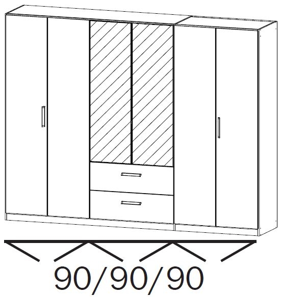 5384: 6 Door 2 Drawer Combi Wardrobe with 2 Mirror Door and Carcase Color Short Handle