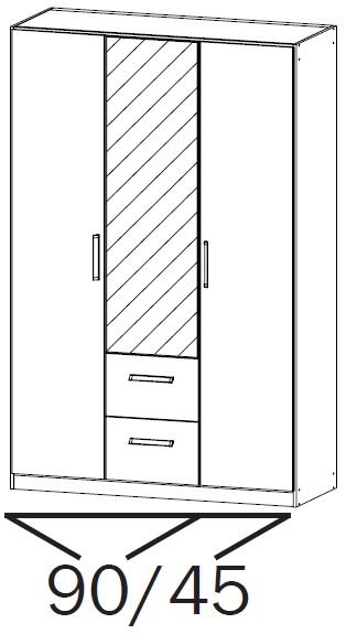 5705: 3 Door 2 Drawer Combi Wardrobe with 1 Mirror Door and Chrome Color Short Handle