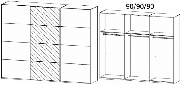190G : 3 Door Sliding Wardrobe with 2 Carcase Color Door and 1 Mirror Door with Aluminium Color Handle Strip