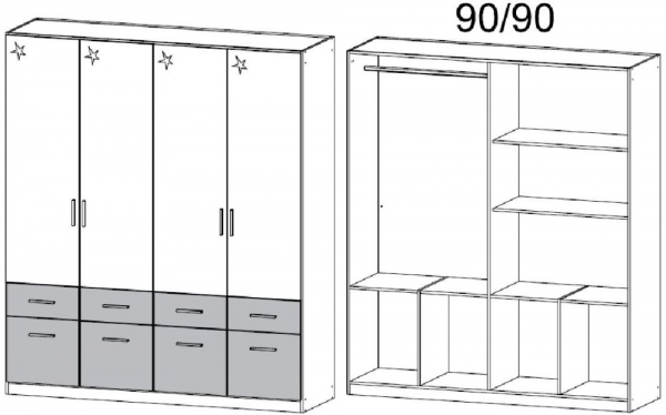 4968 : 4 High Polish Door 8 Carcase Color Drawer Combi Wardrobe