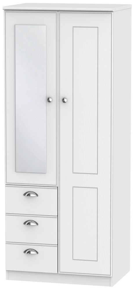 Victoria Wardrobe - 2 Door - 1 Mirror - RHF 3 Drawers - Combi - White