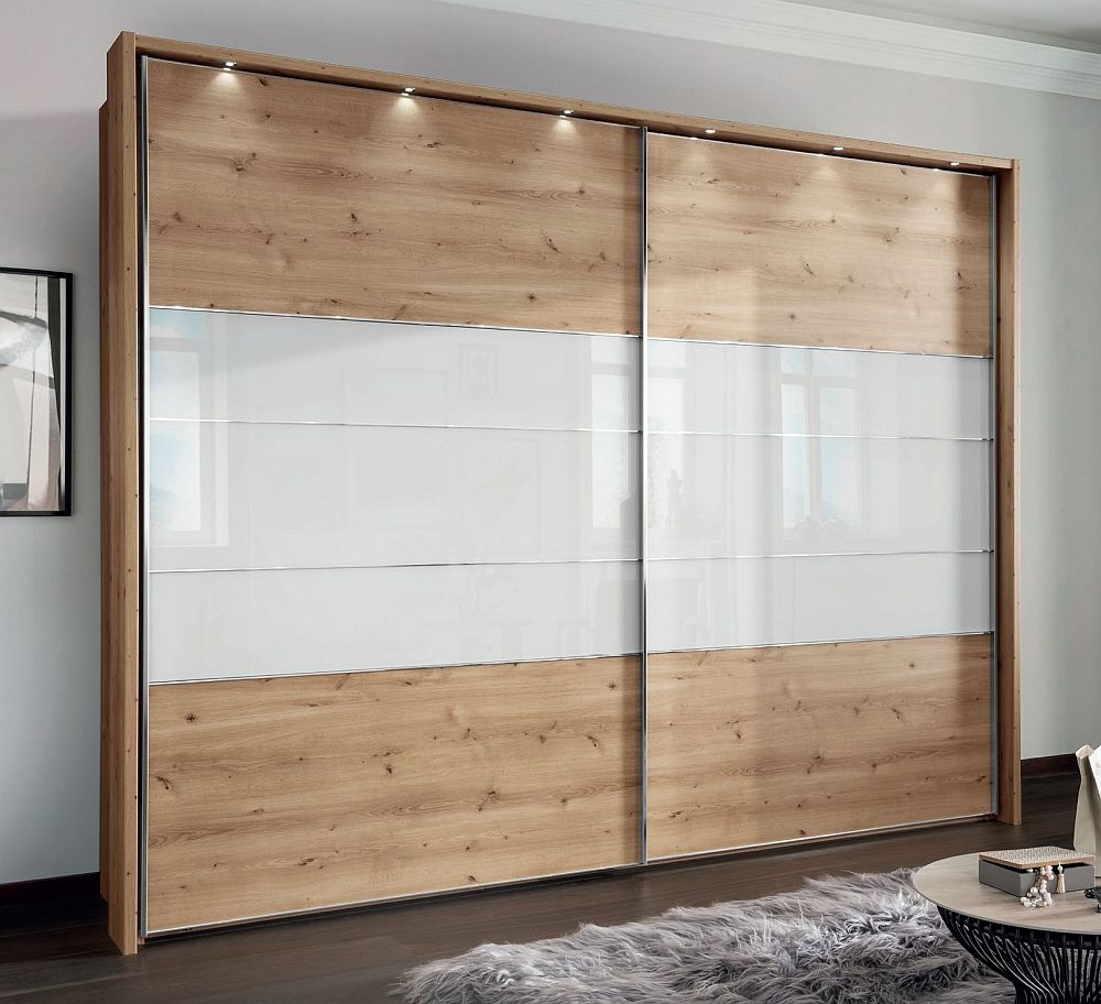 Arco Sliding Wardrobe - 2 Door - Oak and White Glass