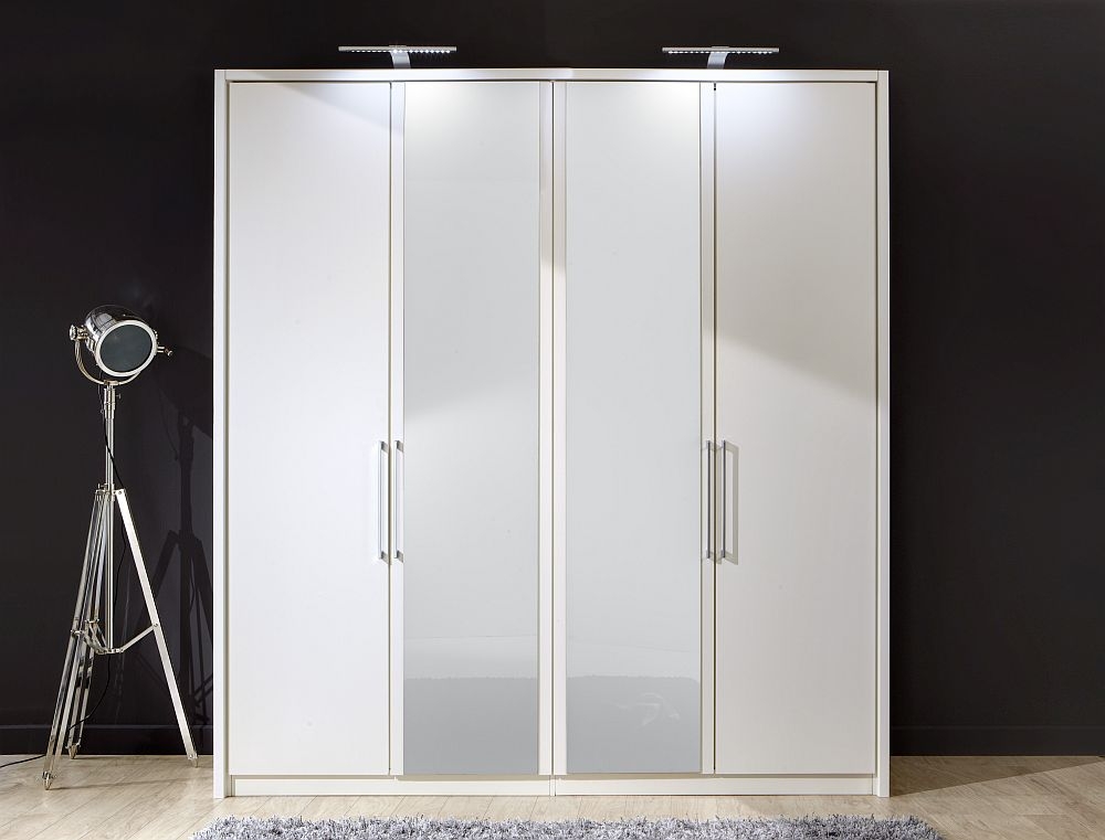 Berlin White Wardrobe - 4 Door Glass and Mirror