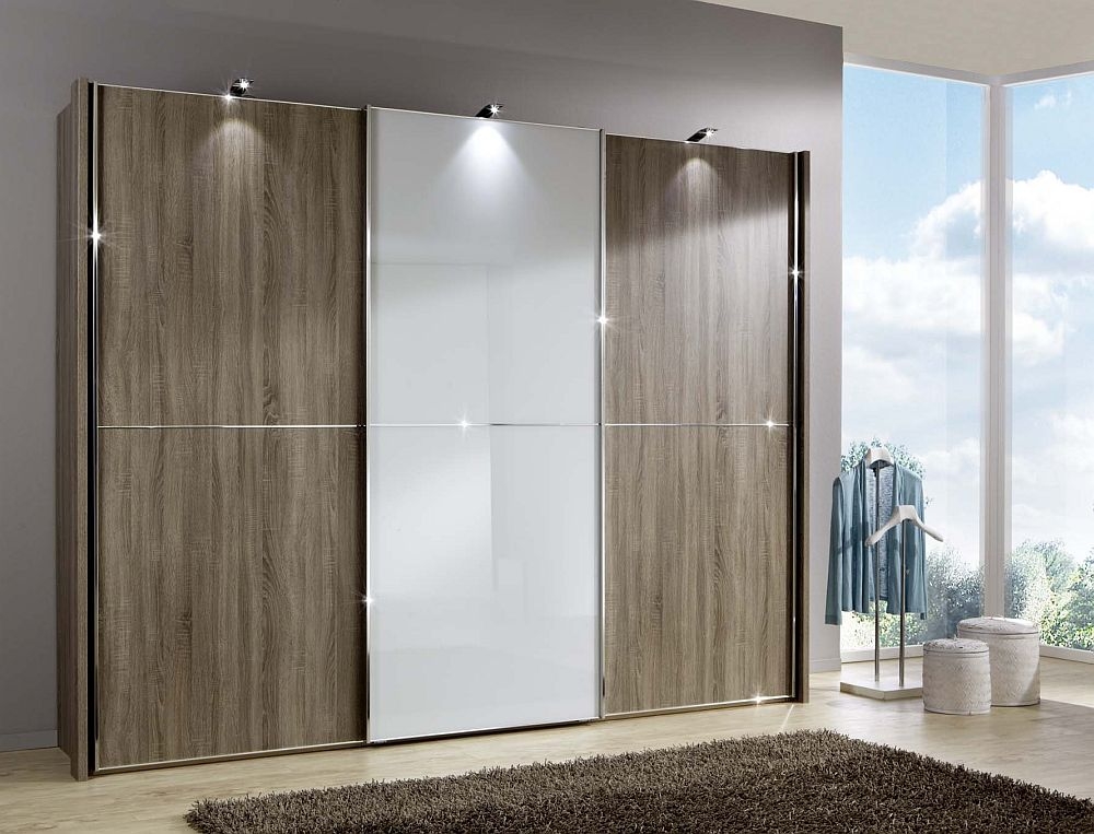 Miami2 Sliding Wardrobe - 3 Door - Oak and White Glass