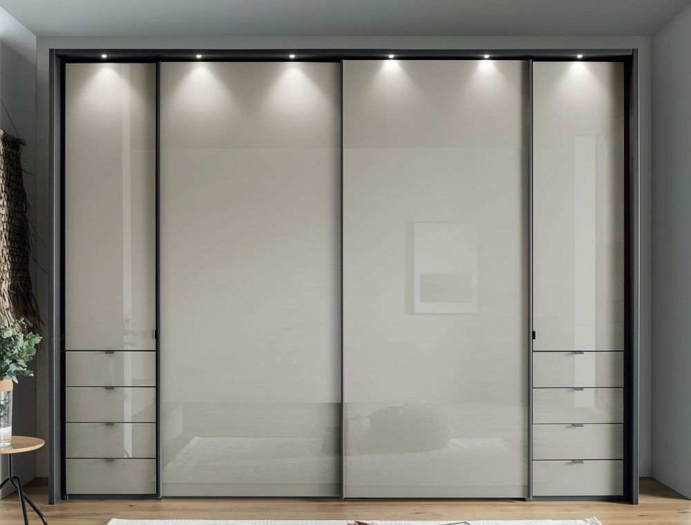 Nizza Sliding Wardrobe - 4 Door - Champagne Glass and Havana Carcase - 8 Drawers