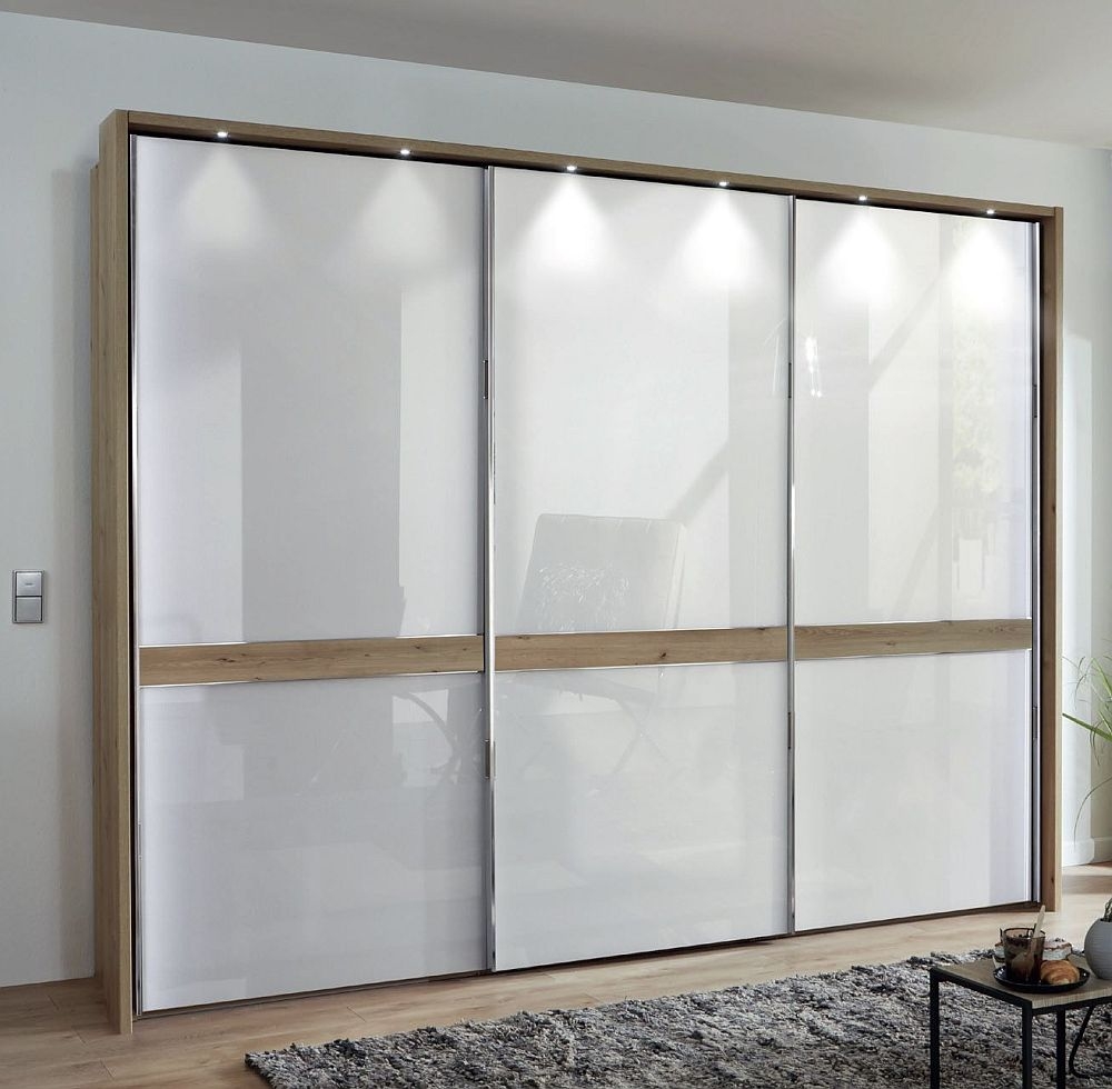 Rialto Sliding Wardrobe - 3 Door - White Glass and Oak Trim