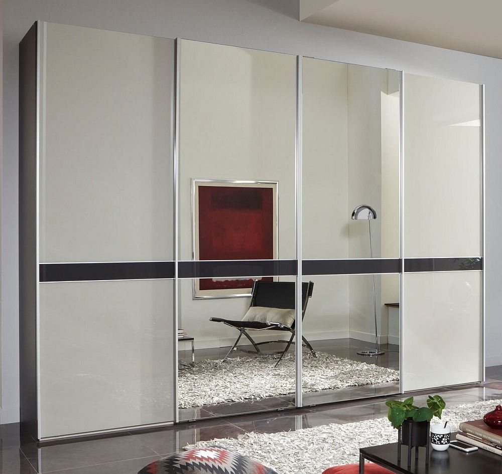 Rialto Sliding Wardrobe - 4 Door Mirror - White Glass and Graphite Trim - 300cm
