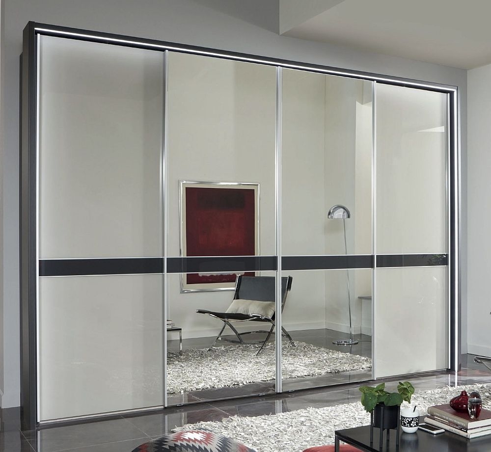Rialto Sliding Wardrobe - 4 Door Mirror - White Glass and Graphite Trim - 330cm