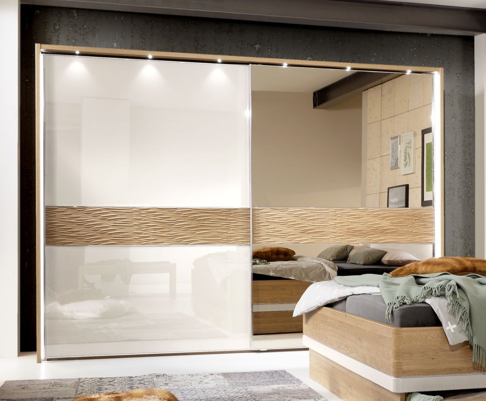 Wega Sliding Wardrobe - 2 Door Mirror - Oak and Champagne Glass - RH