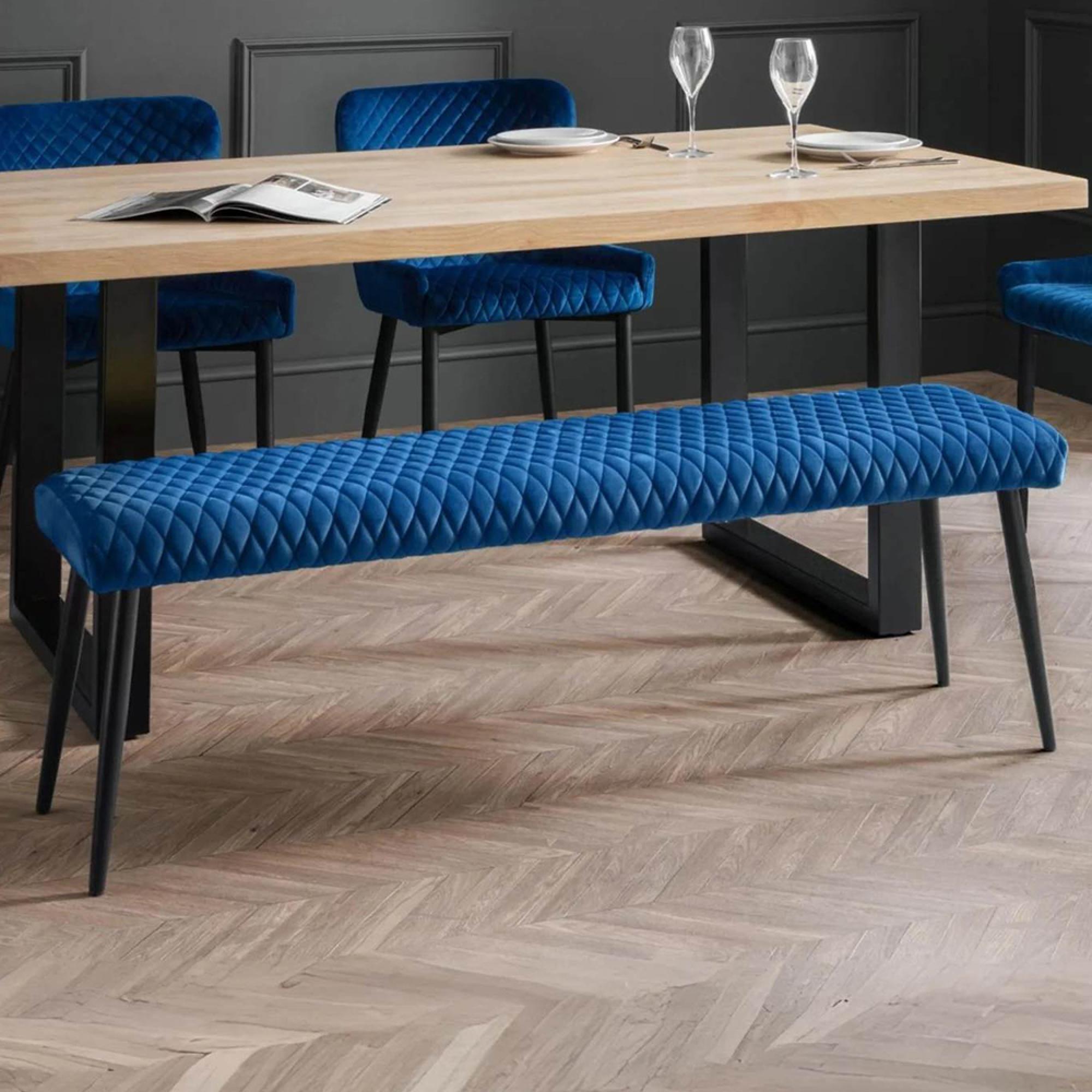 Luxe Dining Bench - Blue Velvet and Black - Fabric and Metal