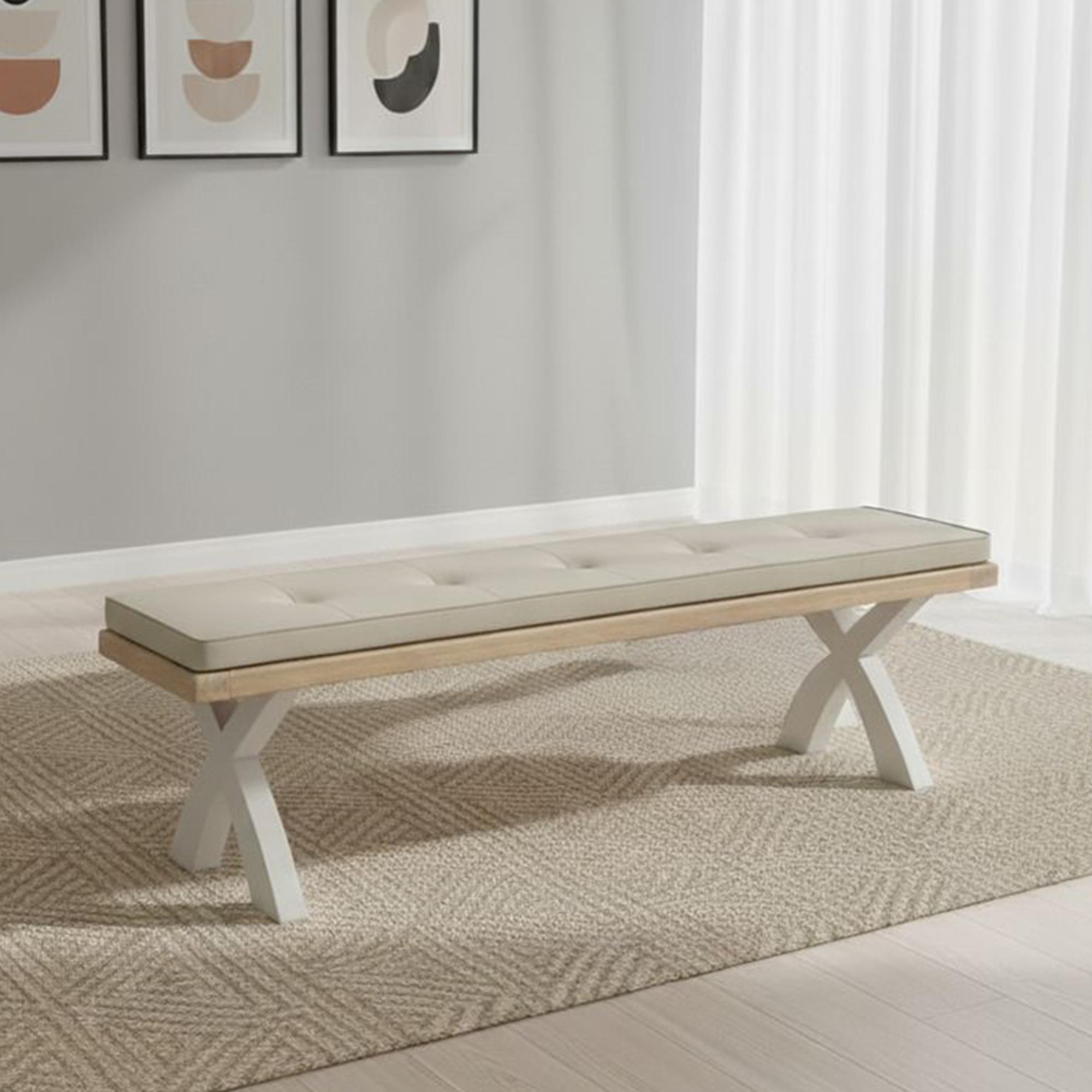 Salcombe Dining Bench with Cross Leg - Grey Oak -  Beige Fabric